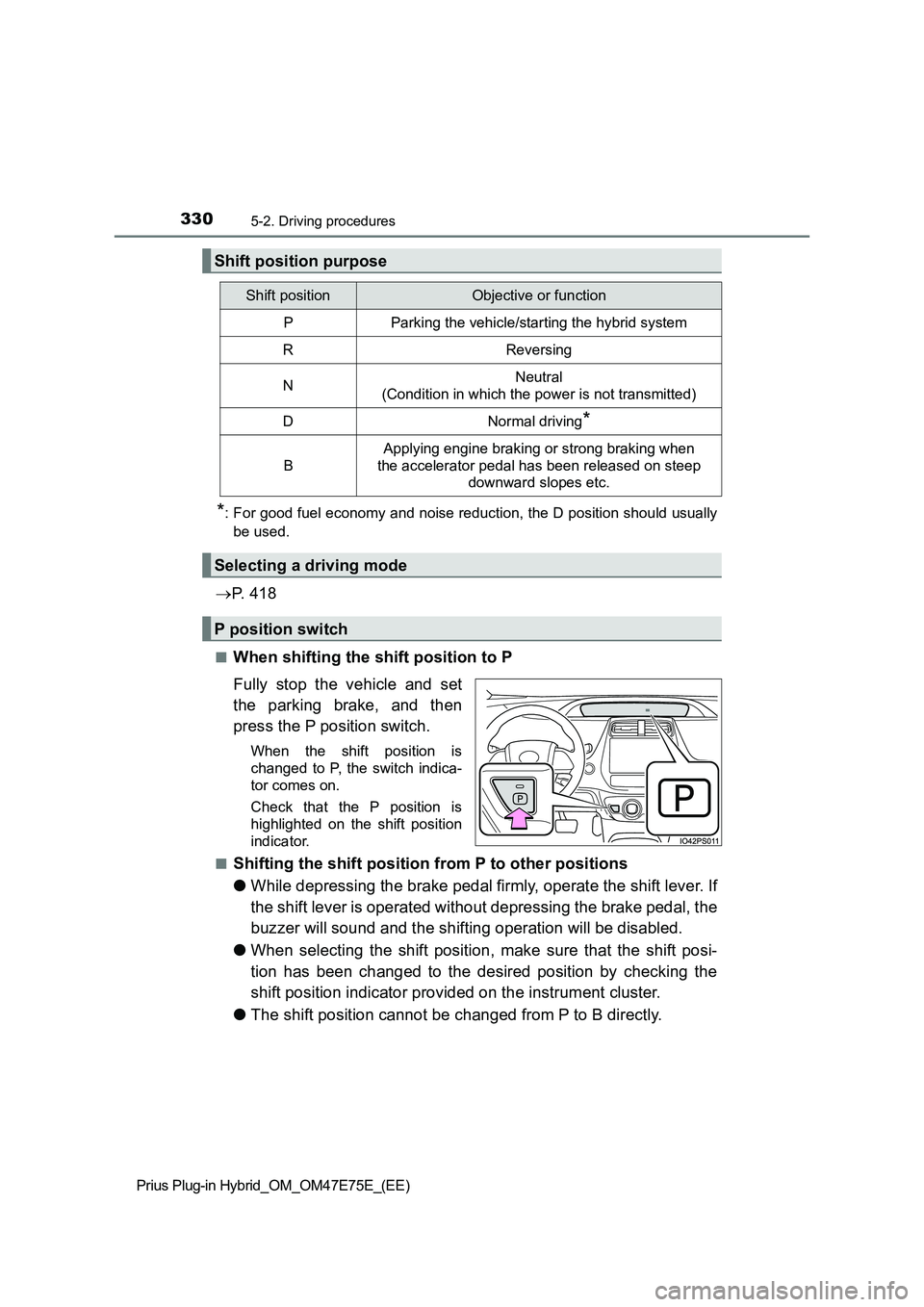 TOYOTA PRIUS PLUG-IN HYBRID 2022 Owners Guide 3305-2. Driving procedures
Prius Plug-in Hybrid_OM_OM47E75E_(EE)
*: For good fuel economy and noise reduction, the D position should usually
be used.
P.   4 1 8
�QWhen shifting the shift position t