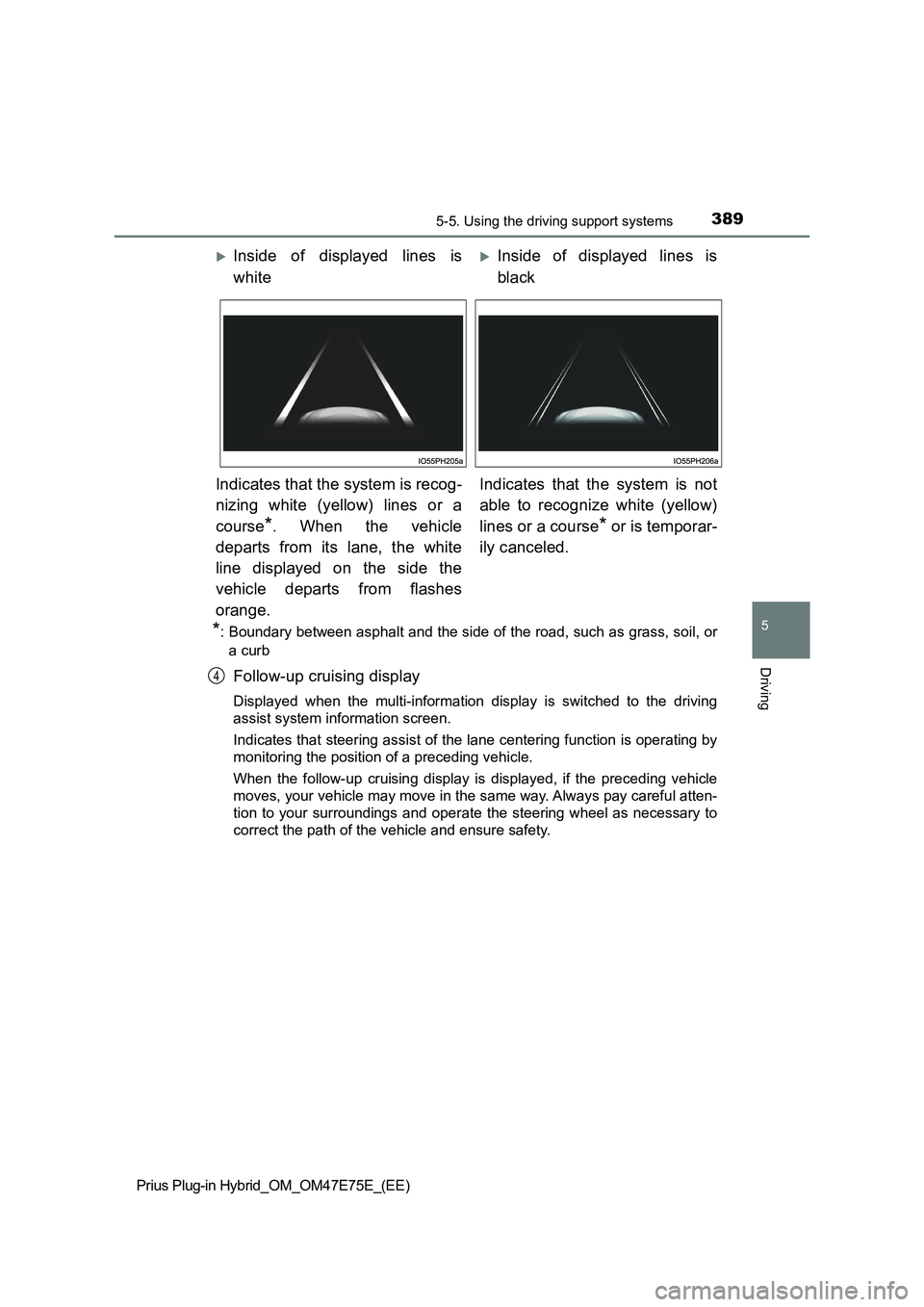 TOYOTA PRIUS PLUG-IN HYBRID 2022  Owners Manual 3895-5. Using the driving support systems
Prius Plug-in Hybrid_OM_OM47E75E_(EE)
5
Driving
*: Boundary between asphalt and the side of the road, such as grass, soil, or
a curb
Follow-up cruising displa