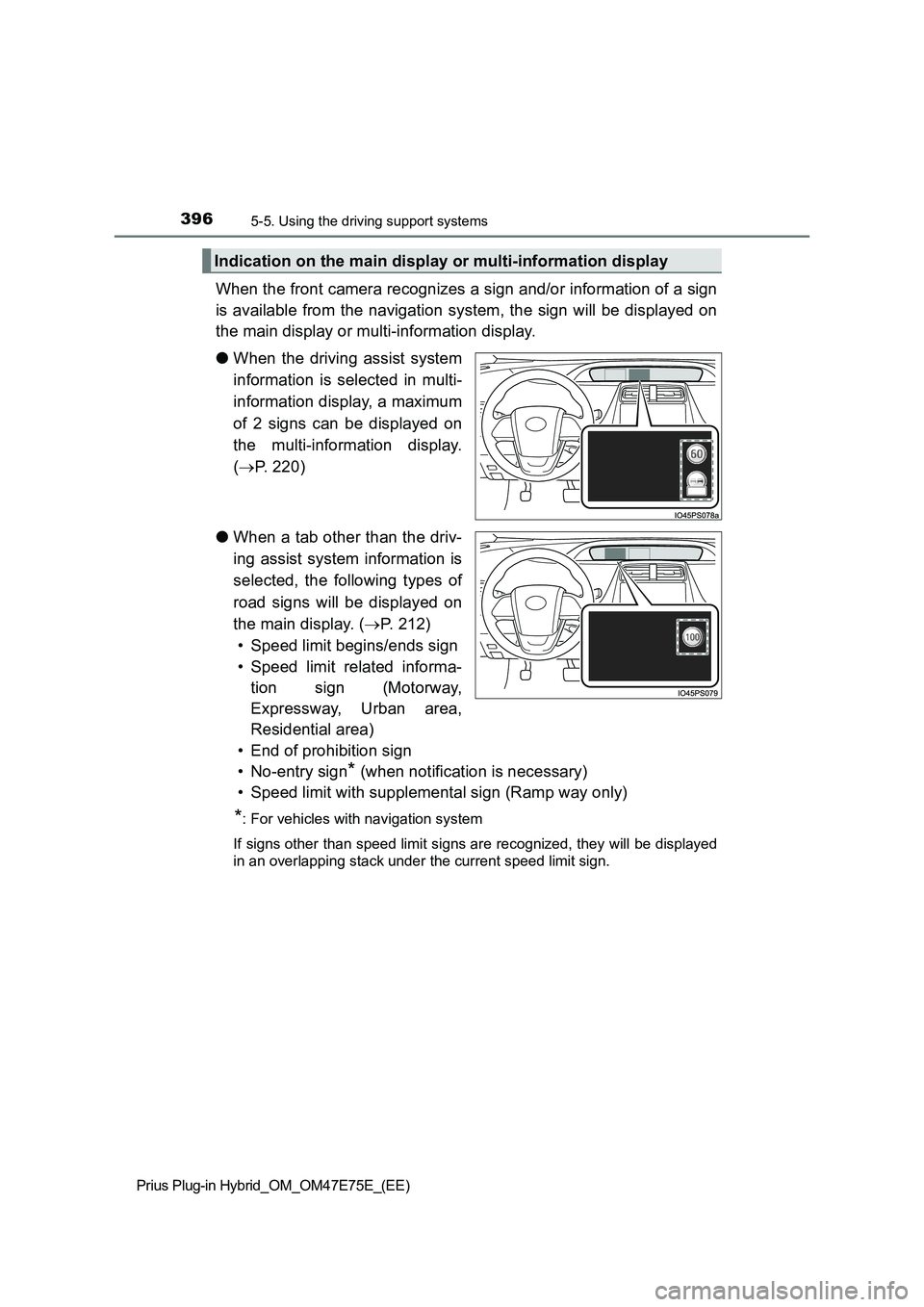 TOYOTA PRIUS PLUG-IN HYBRID 2022  Owners Manual 3965-5. Using the driving support systems
Prius Plug-in Hybrid_OM_OM47E75E_(EE)
When the front camera recognizes a sign and/or information of a sign
is available  from the navigation system, the  sign
