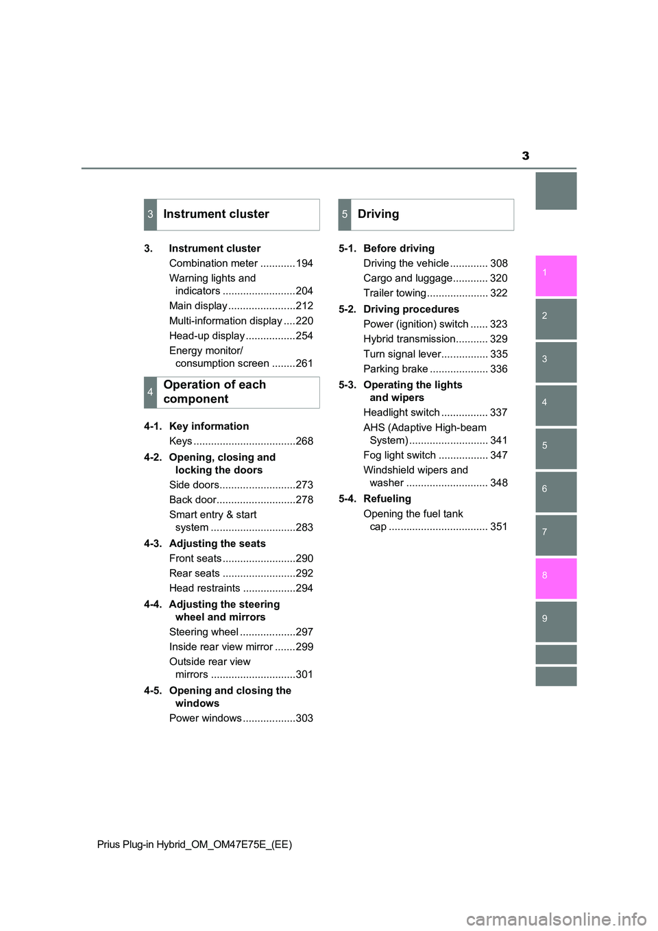 TOYOTA PRIUS PLUG-IN HYBRID 2022  Owners Manual 3
1 
9 
8
7
6
5
4 
2
Prius Plug-in Hybrid_OM_OM47E75E_(EE)
3
3. Instrument cluster 
Combination meter ............194 
Warning lights and  
indicators .........................204 
Main display ......