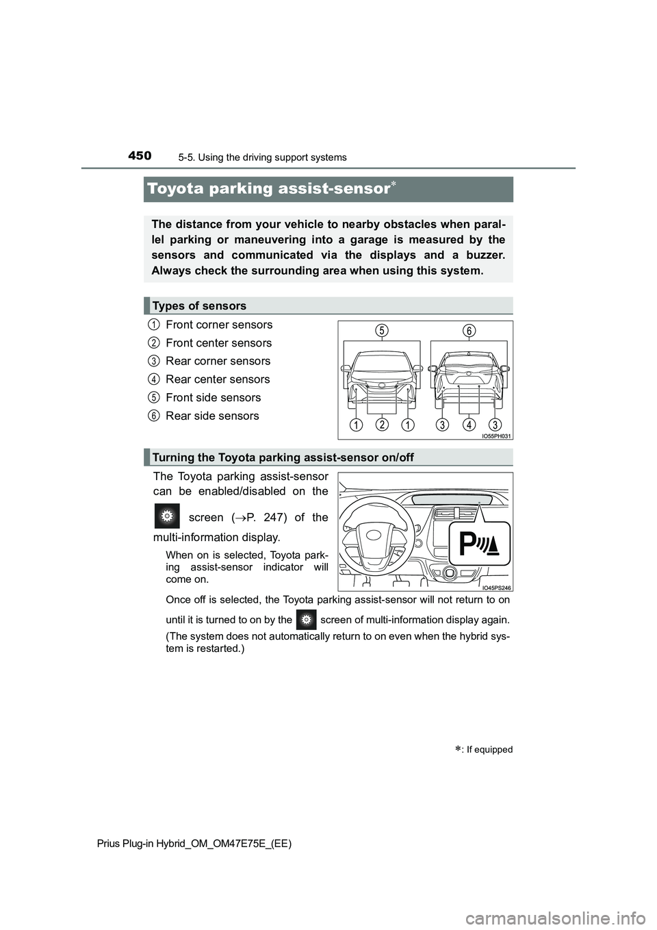 TOYOTA PRIUS PLUG-IN HYBRID 2022  Owners Manual 4505-5. Using the driving support systems
Prius Plug-in Hybrid_OM_OM47E75E_(EE)
Toyota parking assist-sensor
Front corner sensors 
Front center sensors 
Rear corner sensors 
Rear center sensors 
Fr