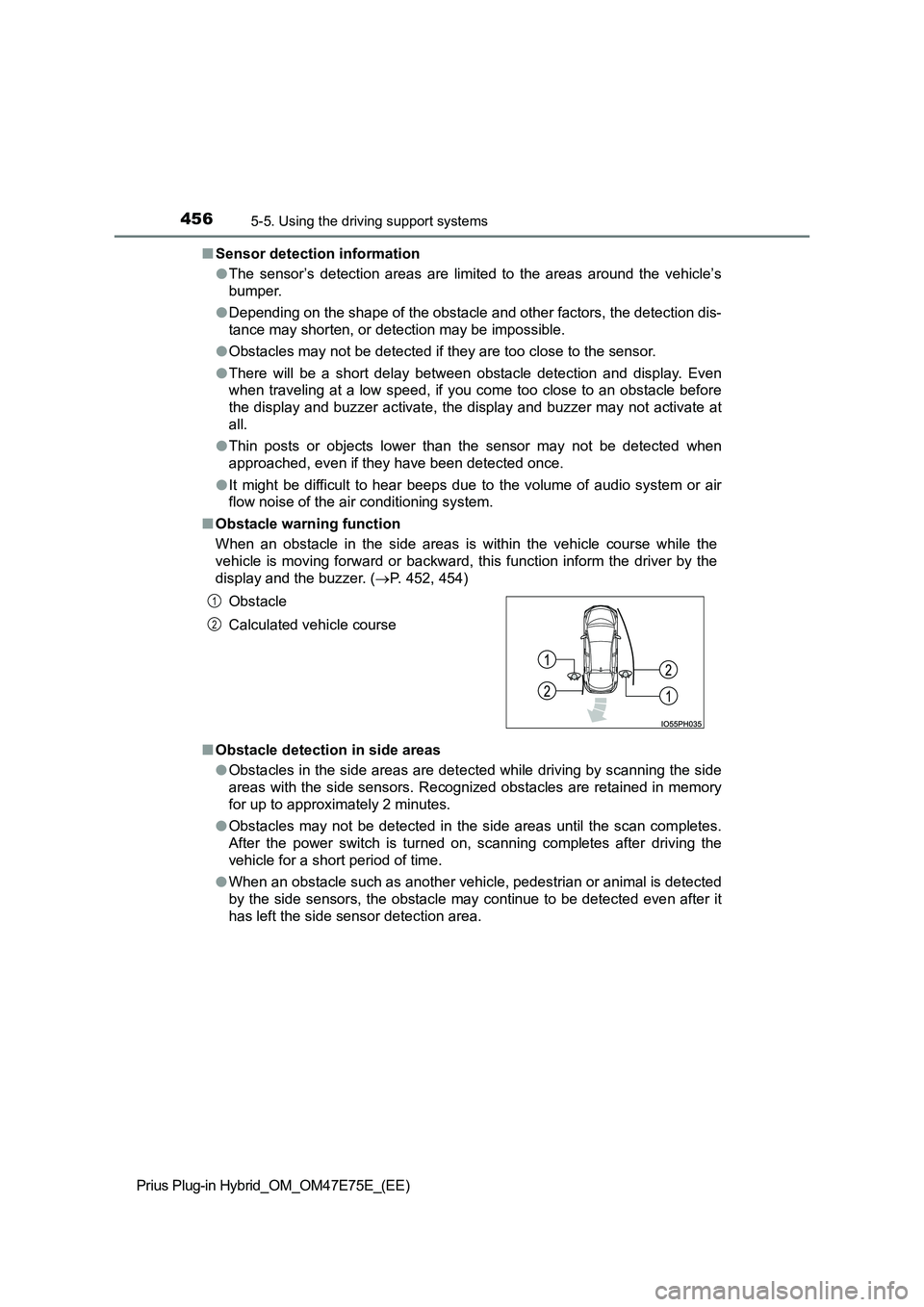 TOYOTA PRIUS PLUG-IN HYBRID 2022  Owners Manual 4565-5. Using the driving support systems
Prius Plug-in Hybrid_OM_OM47E75E_(EE) 
�Q Sensor detection information 
�O The  sensor’s  detection  areas  are  limited  to  the  areas  around  the  vehic