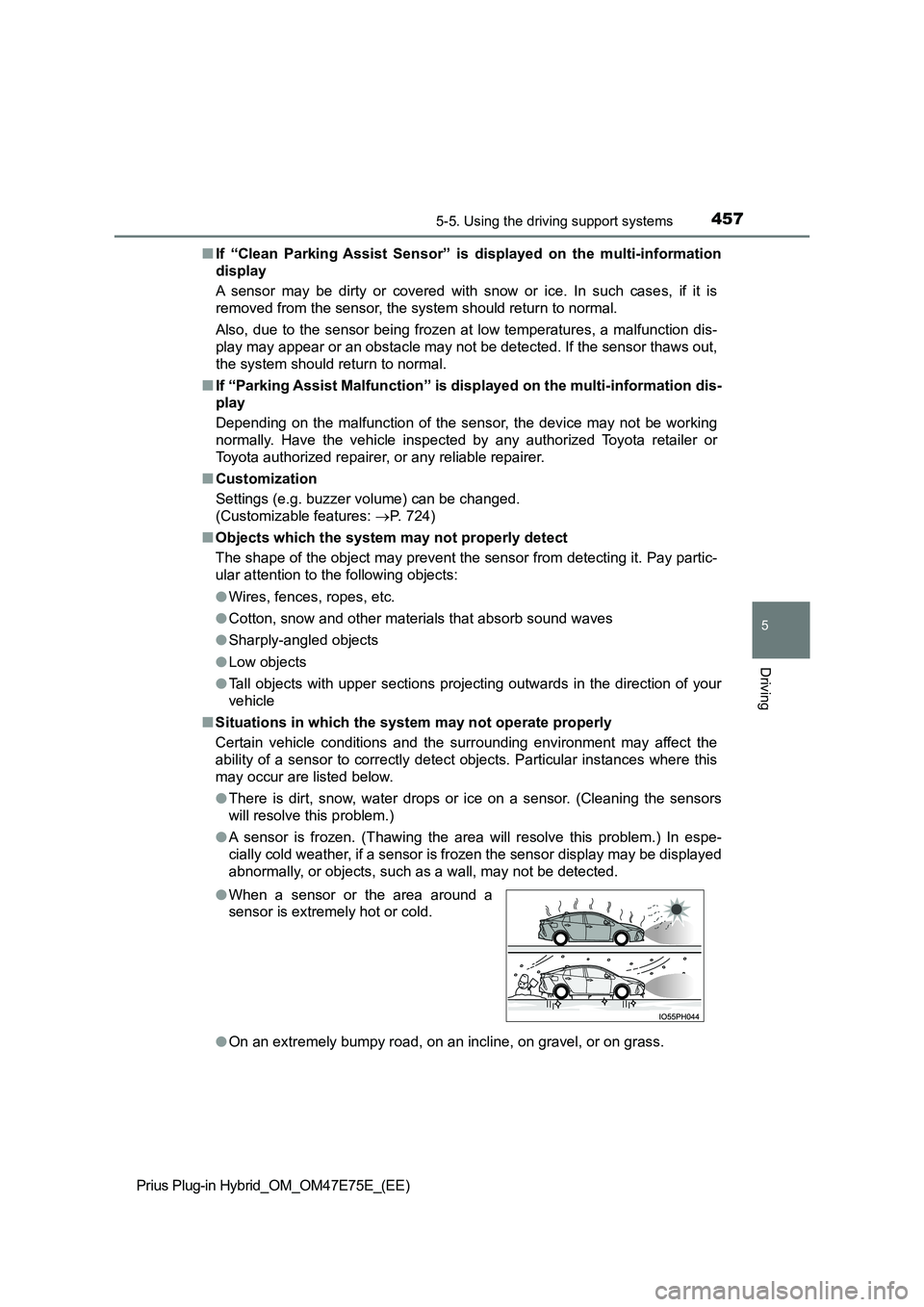 TOYOTA PRIUS PLUG-IN HYBRID 2022  Owners Manual 4575-5. Using the driving support systems
Prius Plug-in Hybrid_OM_OM47E75E_(EE)
5
Driving
�QIf  “Clean  Parking  Assist  Sensor”  is  displayed  on  the  multi-information 
display 
A  sensor  may