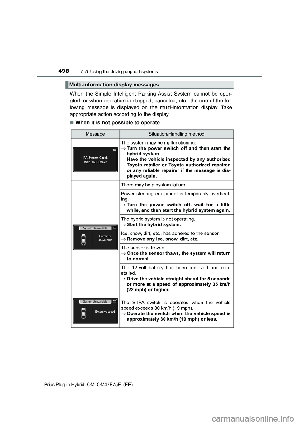 TOYOTA PRIUS PLUG-IN HYBRID 2022 Owners Manual 4985-5. Using the driving support systems
Prius Plug-in Hybrid_OM_OM47E75E_(EE)
When the Simple Intelligent Parking Assist System cannot be oper-
ated, or when operation is stopped, canceled, TOYOTA PRIUS PLUG-IN HYBRID 2022 Owners Manual 4985-5. Using the driving support systems
Prius Plug-in Hybrid_OM_OM47E75E_(EE)
When the Simple Intelligent Parking Assist System cannot be oper-
ated, or when operation is stopped, canceled,