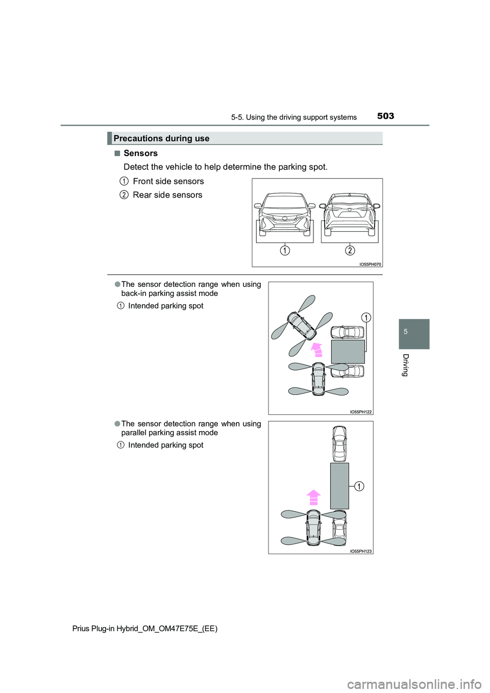 TOYOTA PRIUS PLUG-IN HYBRID 2022 User Guide 5035-5. Using the driving support systems
Prius Plug-in Hybrid_OM_OM47E75E_(EE)
5
Driving
�QSensors 
Detect the vehicle to help determine the parking spot.  
Front side sensors 
Rear side sensors
Prec