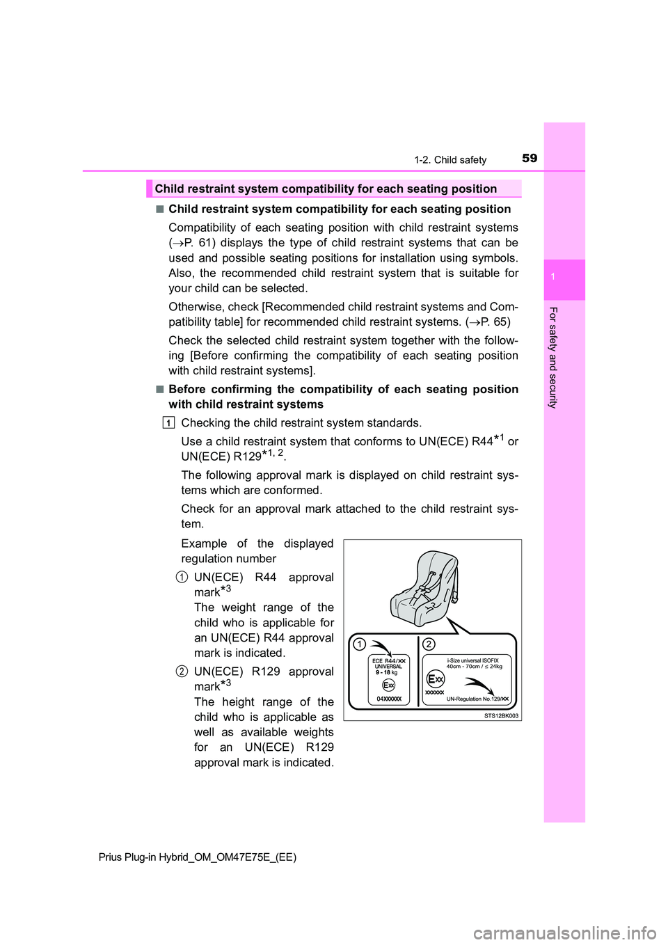 TOYOTA PRIUS PLUG-IN HYBRID 2022  Owners Manual 591-2. Child safety
1
Prius Plug-in Hybrid_OM_OM47E75E_(EE)
For safety and security
�QChild restraint system compatibility for each seating position 
Compatibility  of  each  seating  position  with  