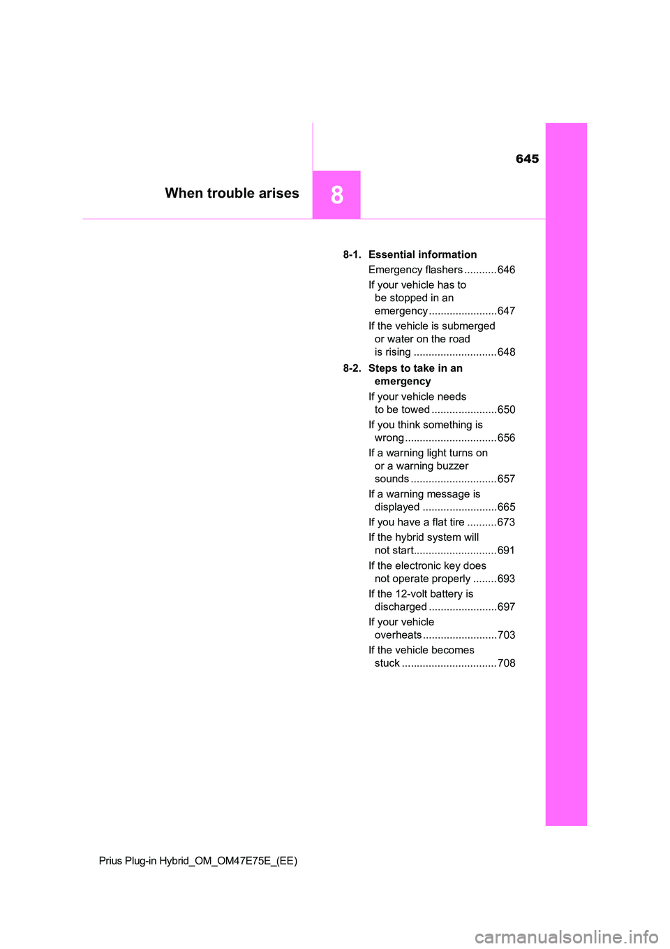 TOYOTA PRIUS PLUG-IN HYBRID 2022  Owners Manual 645
8When trouble arises
Prius Plug-in Hybrid_OM_OM47E75E_(EE) 
8-1. Essential information 
Emergency flashers ........... 646 
If your vehicle has to  
be stopped in an  
emergency ..................