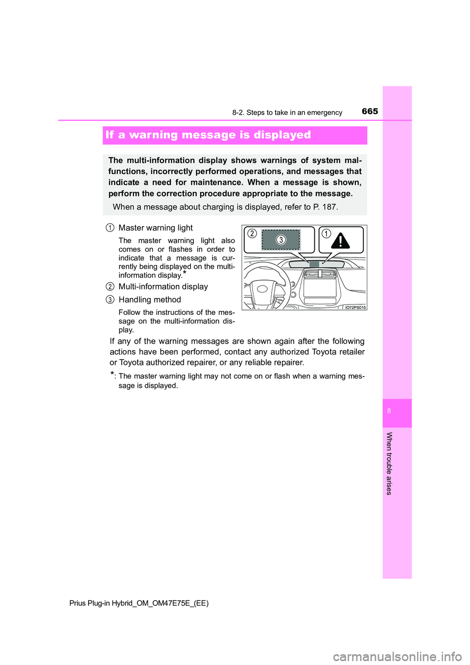 TOYOTA PRIUS PLUG-IN HYBRID 2022 Owners Manual 6658-2. Steps to take in an emergency
Prius Plug-in Hybrid_OM_OM47E75E_(EE)
8
When trouble arises
If a war ning message is displayed
Master warning light
The master warning light also
comes on TOYOTA PRIUS PLUG-IN HYBRID 2022 Owners Manual 6658-2. Steps to take in an emergency
Prius Plug-in Hybrid_OM_OM47E75E_(EE)
8
When trouble arises
If a war ning message is displayed
Master warning light
The master warning light also
comes on