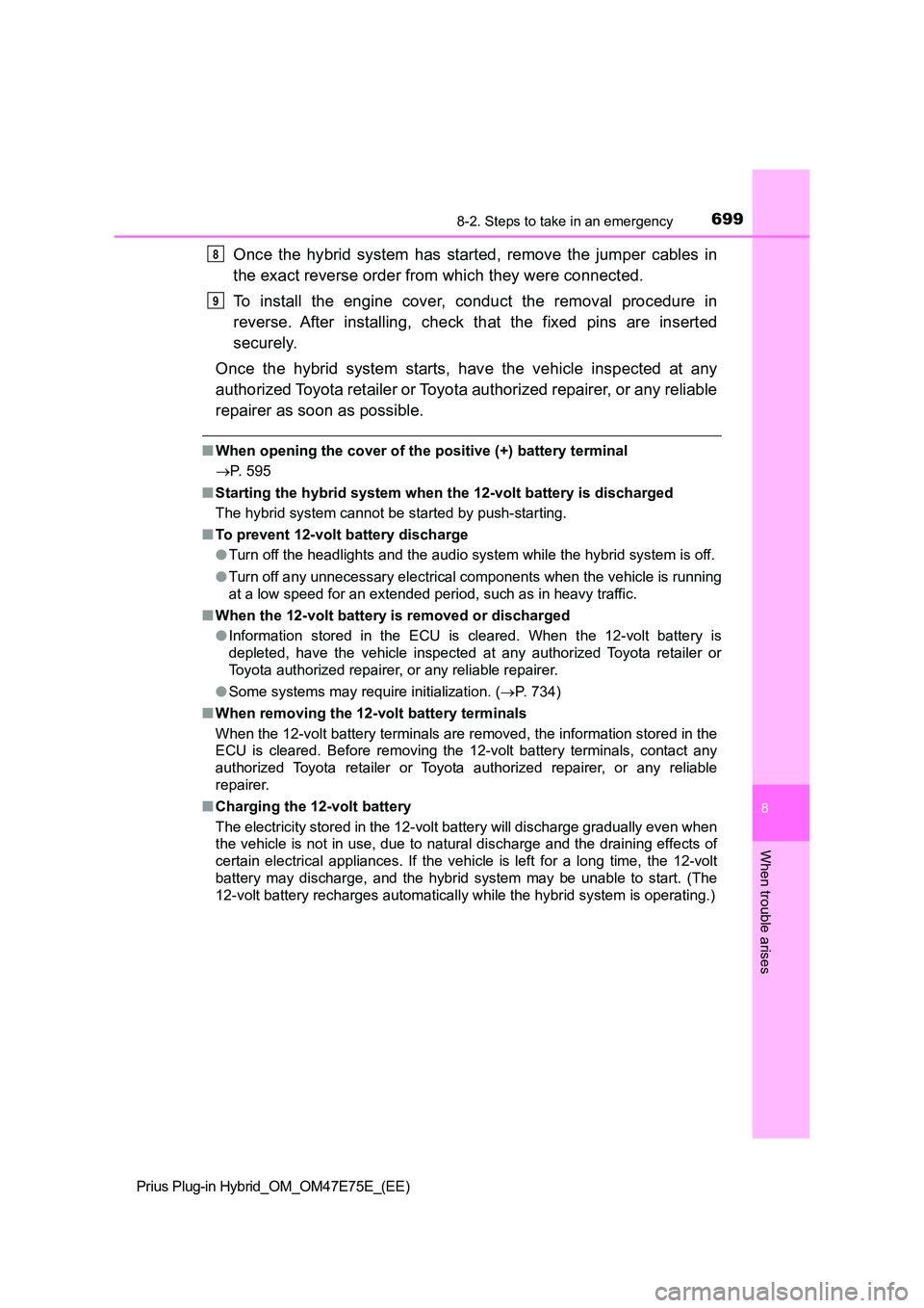 TOYOTA PRIUS PLUG-IN HYBRID 2022 Owners Manual 6998-2. Steps to take in an emergency
Prius Plug-in Hybrid_OM_OM47E75E_(EE)
8
When trouble arises
Once  the  hybrid  system  has  started,  remove  the  jumper  cables  in 
the exact reverse order fro