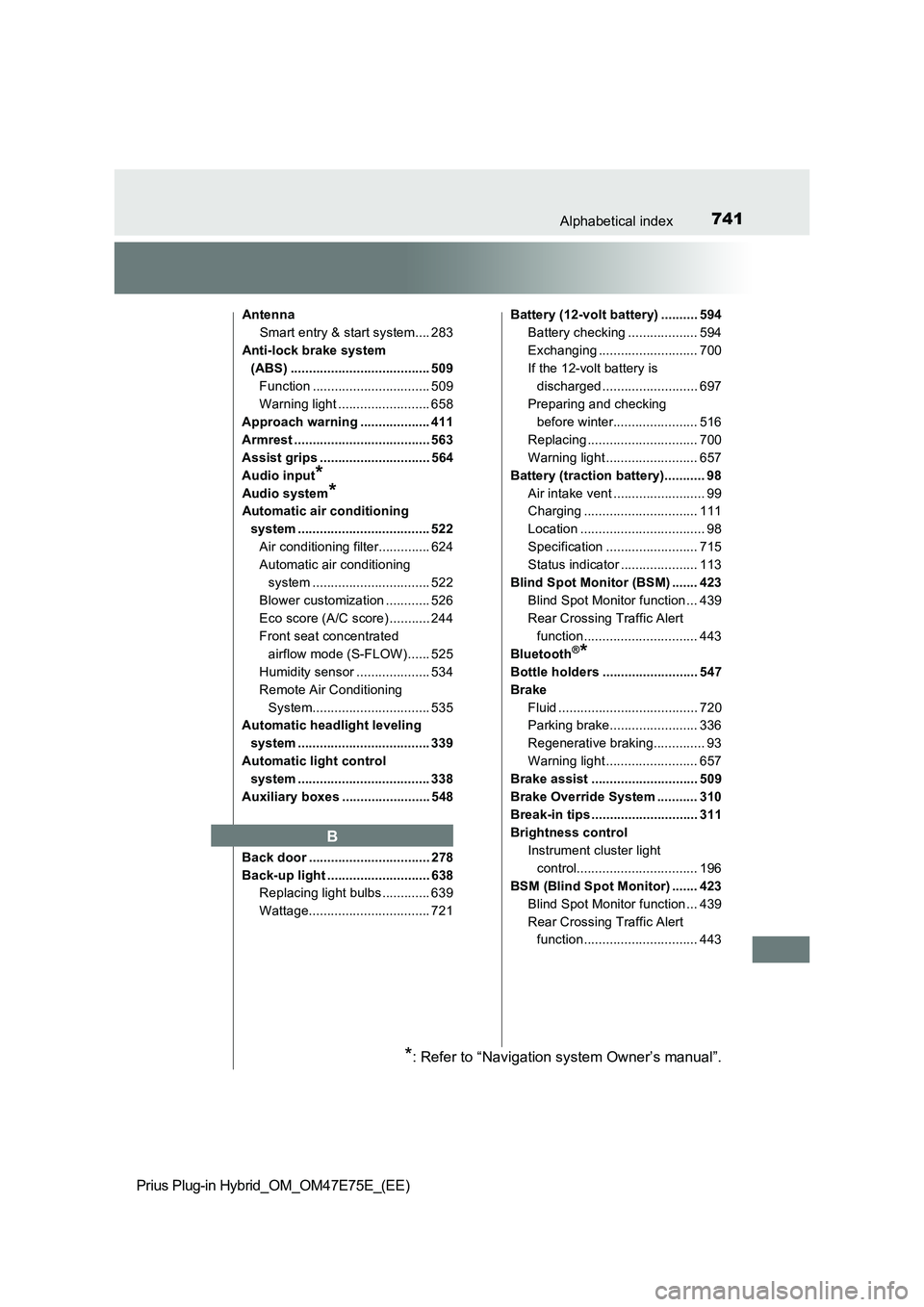 TOYOTA PRIUS PLUG-IN HYBRID 2022 Owners Manual 741Alphabetical index
Prius Plug-in Hybrid_OM_OM47E75E_(EE)
Antenna
Smart entry & start system.... 283
Anti-lock brake system
(ABS) ...................................... 509
Function ............... TOYOTA PRIUS PLUG-IN HYBRID 2022 Owners Manual 741Alphabetical index
Prius Plug-in Hybrid_OM_OM47E75E_(EE)
Antenna
Smart entry & start system.... 283
Anti-lock brake system
(ABS) ...................................... 509
Function ...............