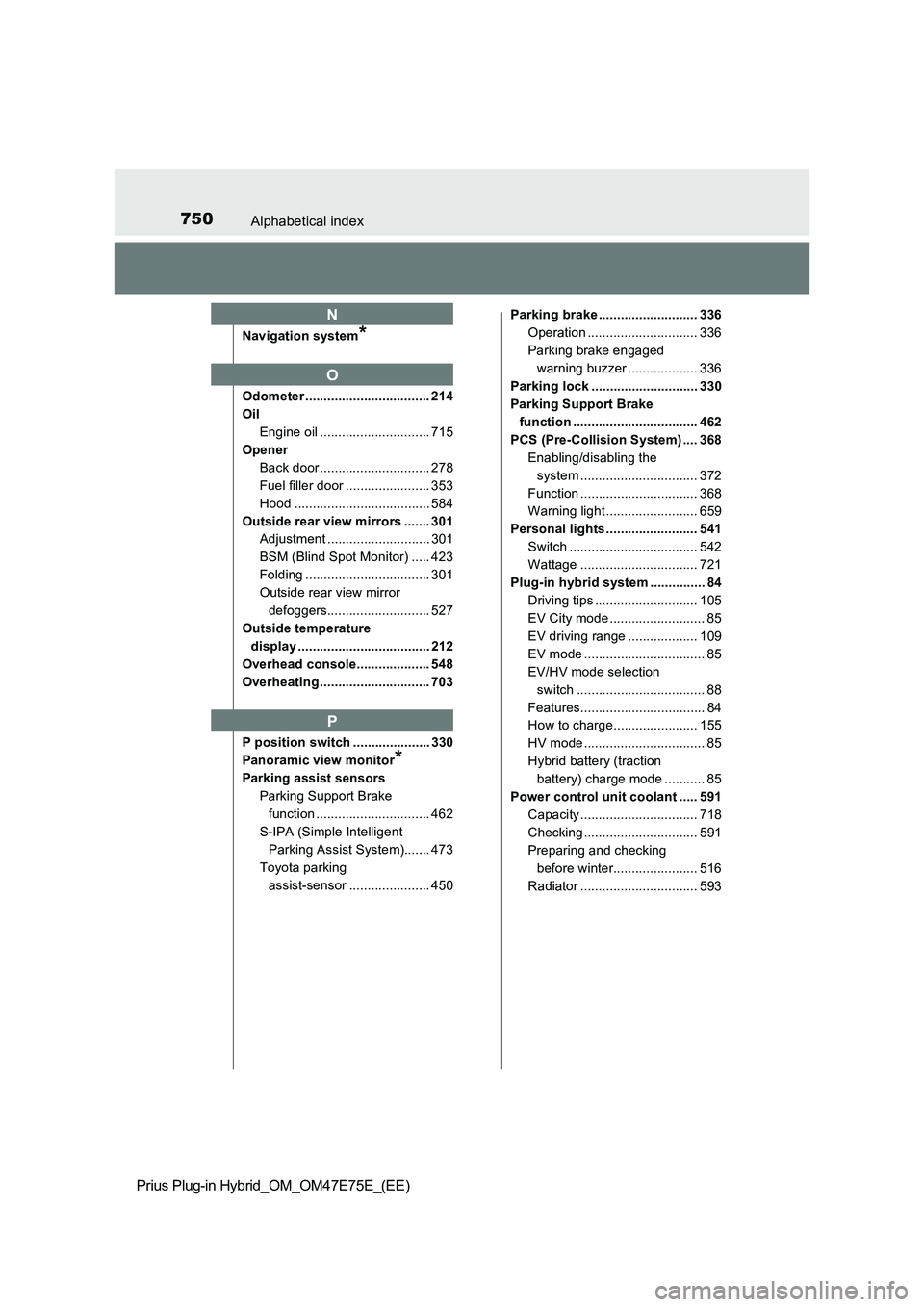 TOYOTA PRIUS PLUG-IN HYBRID 2022 Owners Manual 750Alphabetical index
Prius Plug-in Hybrid_OM_OM47E75E_(EE)
Navigation system*
Odometer .................................. 214
Oil
Engine oil .............................. 715
Opener
Back door ...... TOYOTA PRIUS PLUG-IN HYBRID 2022 Owners Manual 750Alphabetical index
Prius Plug-in Hybrid_OM_OM47E75E_(EE)
Navigation system*
Odometer .................................. 214
Oil
Engine oil .............................. 715
Opener
Back door ......