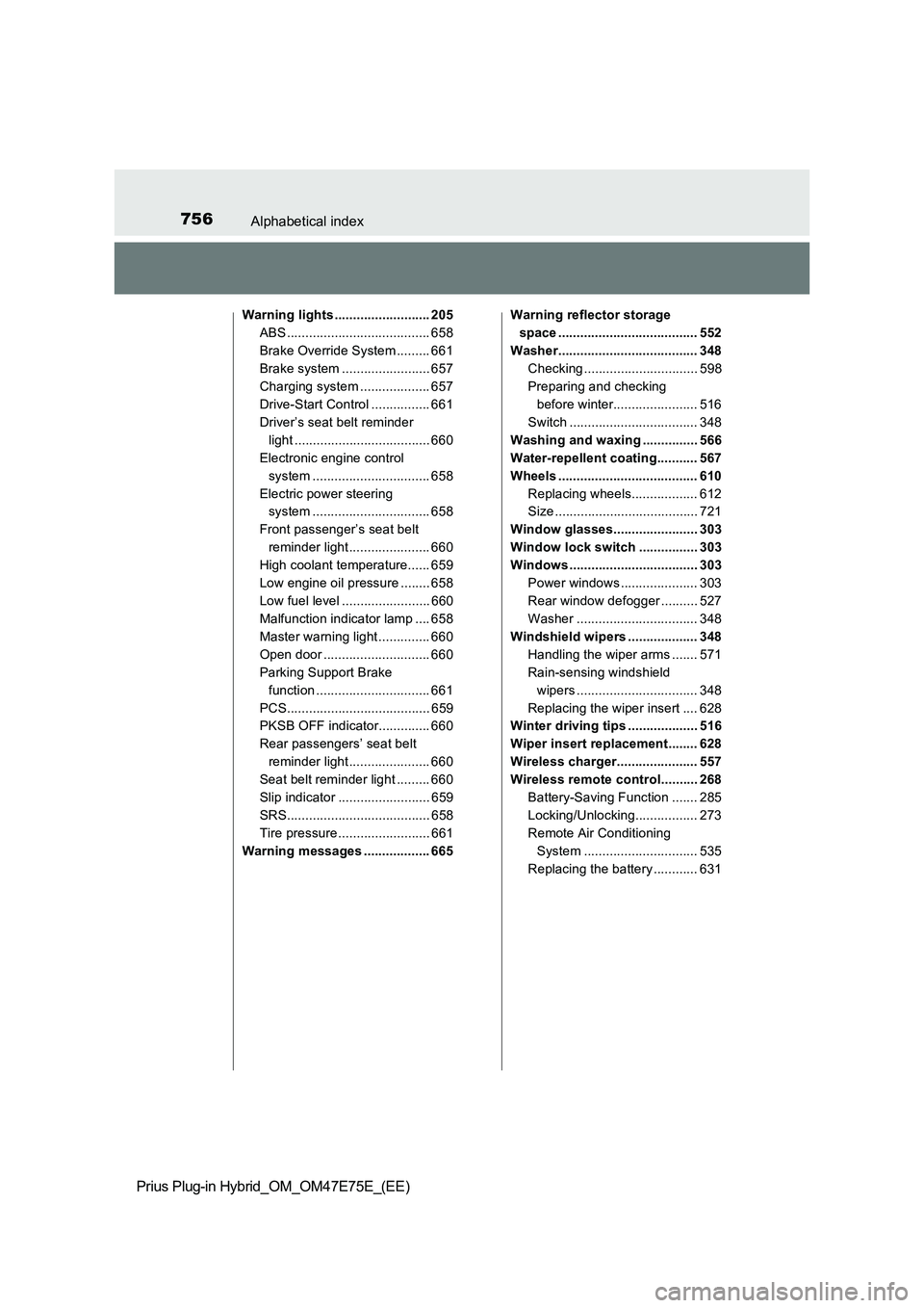 TOYOTA PRIUS PLUG-IN HYBRID 2022 User Guide 756Alphabetical index
Prius Plug-in Hybrid_OM_OM47E75E_(EE)
Warning lights .......................... 205
ABS ....................................... 658
Brake Override System ......... 661
Brake syst