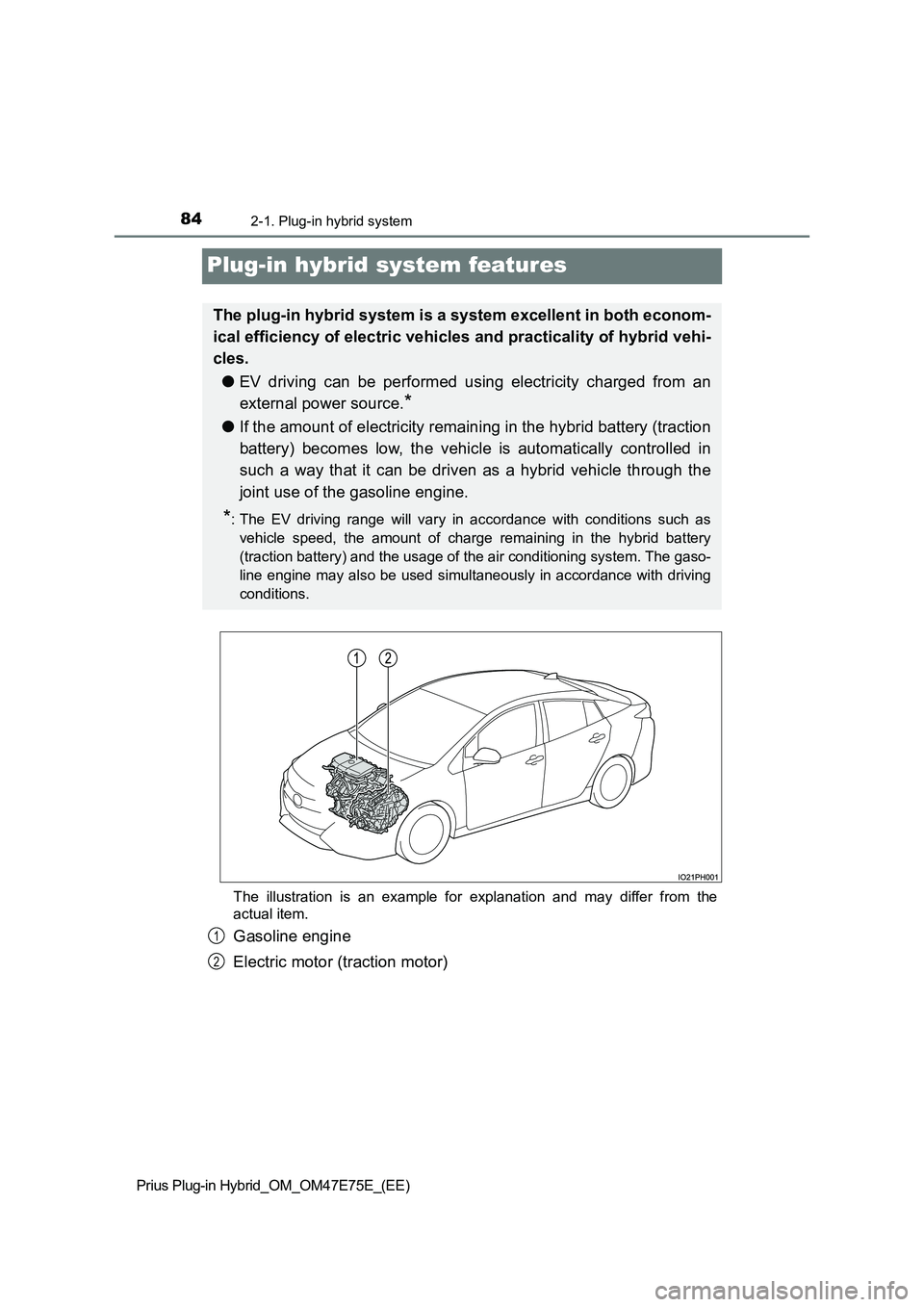 TOYOTA PRIUS PLUG-IN HYBRID 2022  Owners Manual 842-1. Plug-in hybrid system
Prius Plug-in Hybrid_OM_OM47E75E_(EE)
Plug-in hybrid system features
The  illustration  is  an  example  for  explanation  and  may  differ  from  the 
actual item.
Gasoli