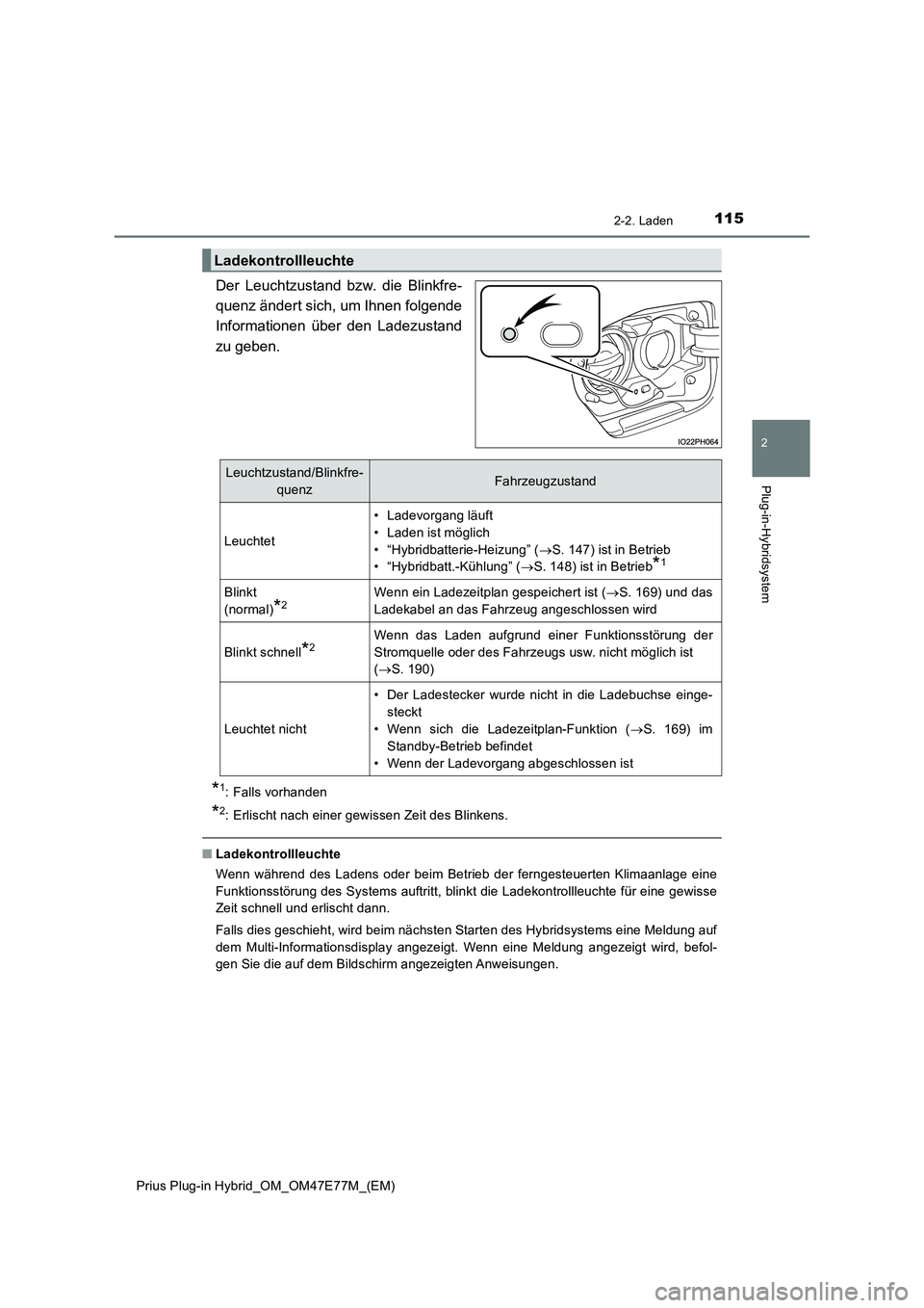 TOYOTA PRIUS PLUG-IN HYBRID 2022  Betriebsanleitungen (in German) 1152-2. Laden
2
Plug-in-Hybridsystem
Prius Plug-in Hybrid_OM_OM47E77M_(EM)
Der Leuchtzustand bzw. die Blinkfre-
quenz ändert sich, um Ihnen folgende
Informationen über den Ladezustand
zu geben.
*1: 