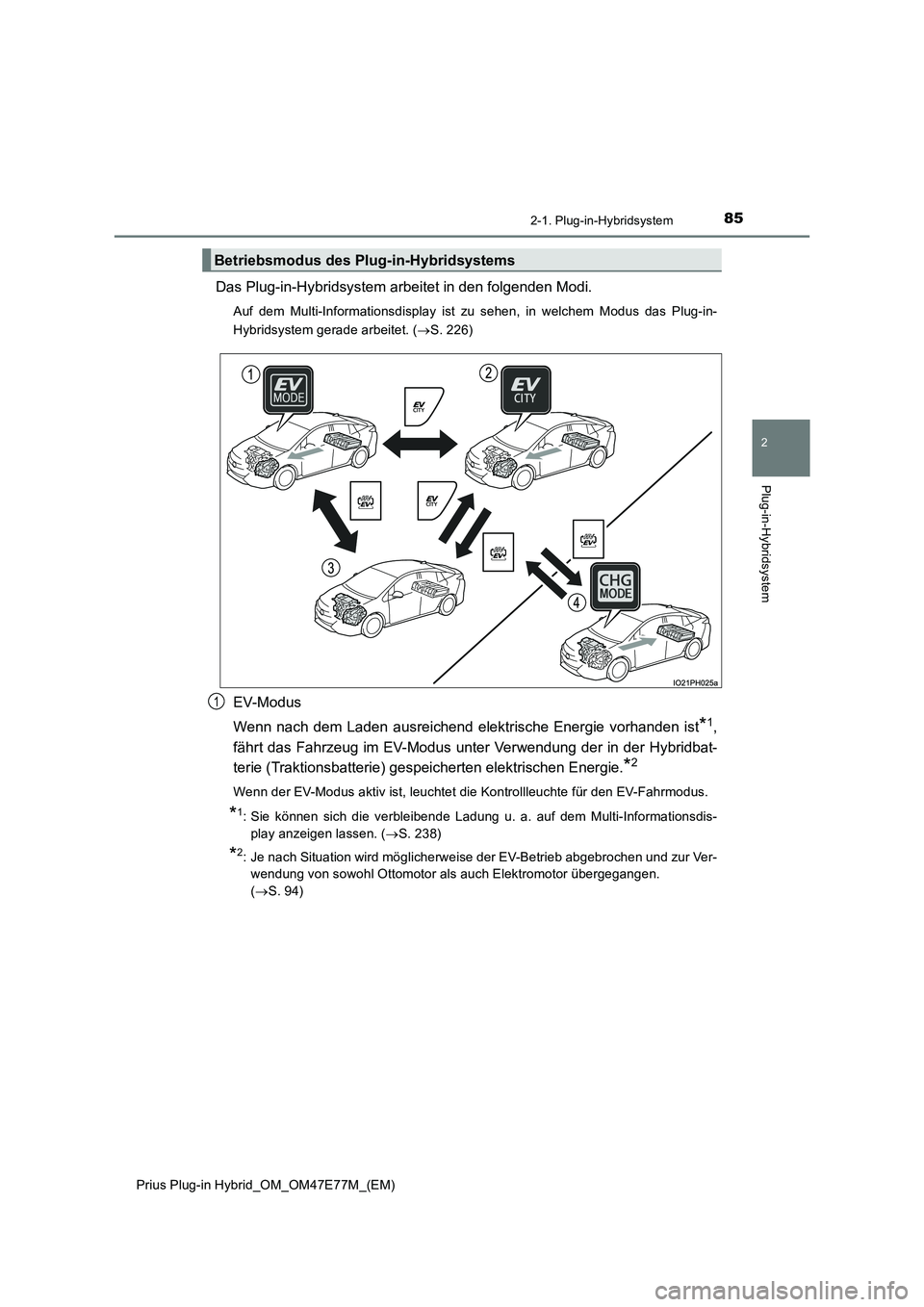 TOYOTA PRIUS PLUG-IN HYBRID 2022  Betriebsanleitungen (in German) 852-1. Plug-in-Hybridsystem
2
Plug-in-Hybridsystem
Prius Plug-in Hybrid_OM_OM47E77M_(EM)
Das Plug-in-Hybridsystem arbeitet in den folgenden Modi.
Auf dem Multi-Informationsdisplay ist zu sehen, in wel