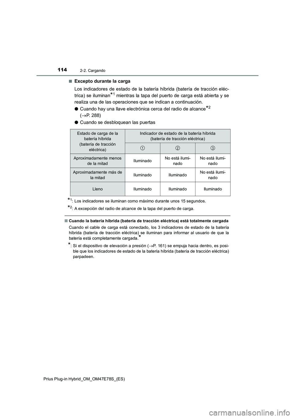 TOYOTA PRIUS PLUG-IN HYBRID 2022  Manual del propietario (in Spanish) 1142-2. Cargando
Prius Plug-in Hybrid_OM_OM47E78S_(ES)�Q
Excepto durante la carga
Los indicadores de estado de la batería híbrida (batería de tracción eléc-
trica) se iluminan
*1 mientras la tapa
