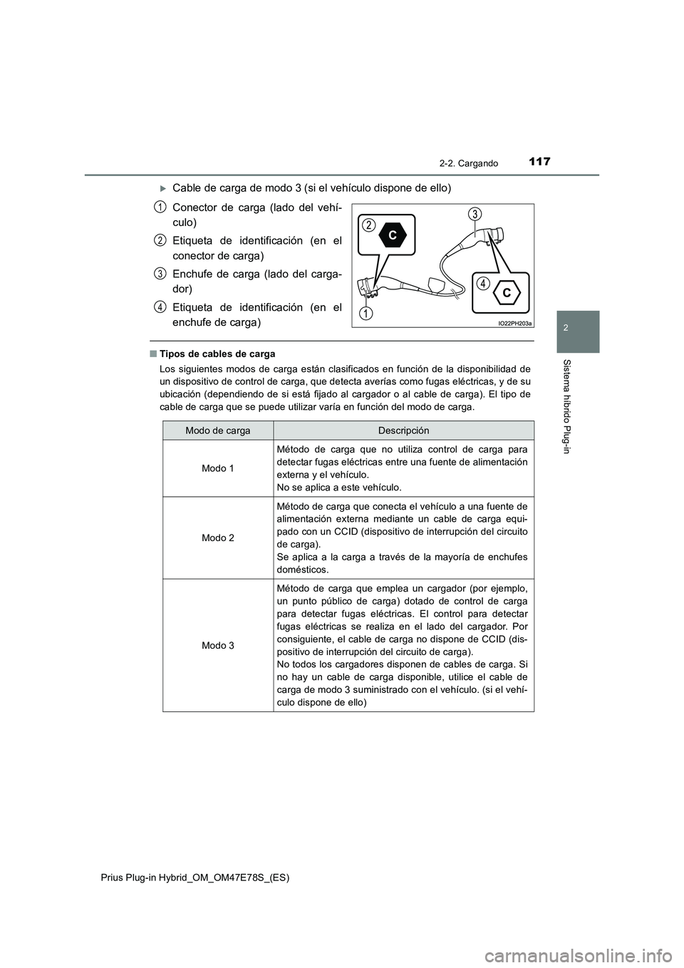 TOYOTA PRIUS PLUG-IN HYBRID 2022  Manual del propietario (in Spanish) 1172-2. Cargando
2
Sistema híbrido Plug-in
Prius Plug-in Hybrid_OM_OM47E78S_(ES)
Cable de carga de modo 3 (si el vehículo dispone de ello) 
Conector de carga (lado del vehí- 
culo) 
Etiqueta de 