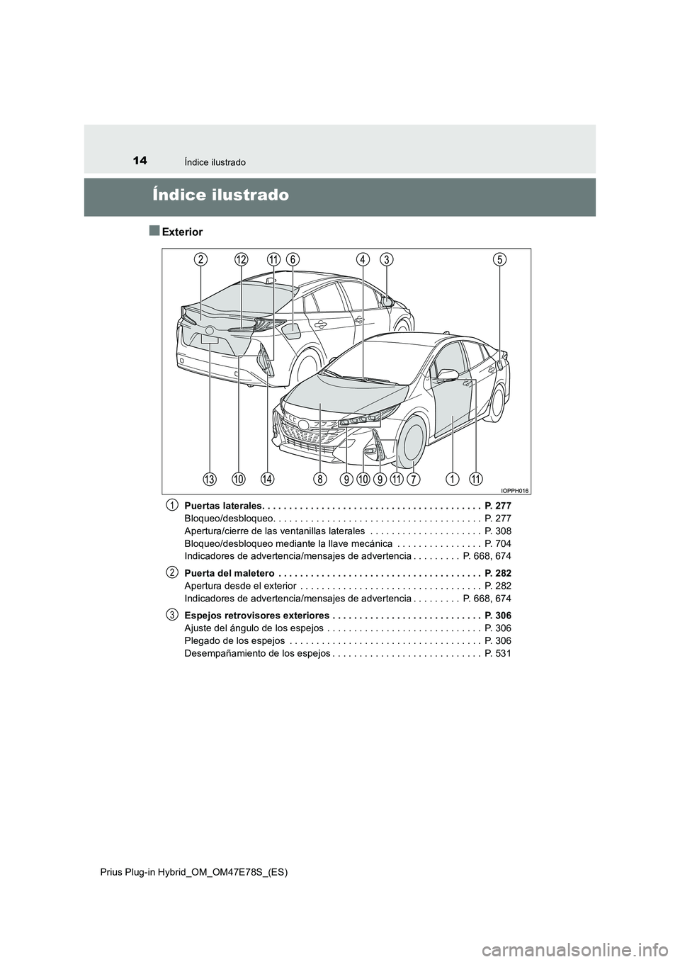 TOYOTA PRIUS PLUG-IN HYBRID 2022  Manual del propietario (in Spanish) 14Índice ilustrado
Prius Plug-in Hybrid_OM_OM47E78S_(ES)
Índice ilustrado
�QExterior
Puertas laterales. . . . . . . . . . . . . . . . . . . . . . . . . . . . . . . . . . . . . . . . .  P. 277 
Bloqu