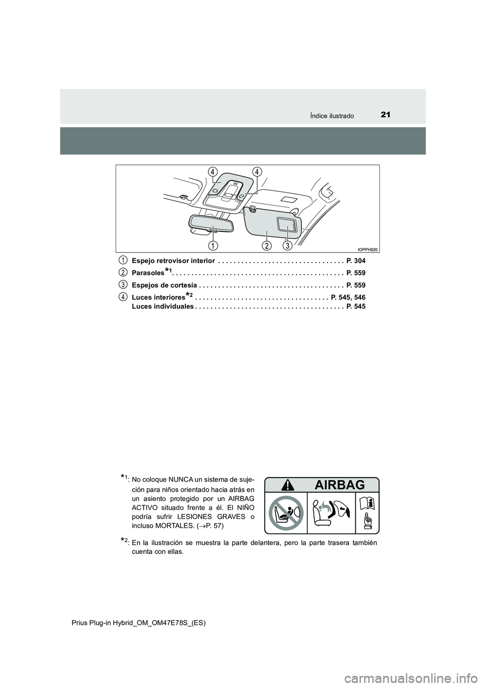 TOYOTA PRIUS PLUG-IN HYBRID 2022  Manual del propietario (in Spanish) 21Índice ilustrado
Prius Plug-in Hybrid_OM_OM47E78S_(ES) 
Espejo retrovisor interior  . . . . . . . . . . . . . . . . . . . . . . . . . . . . . . . . .  P. 304 
Parasoles*1. . . . . . . . . . . . . .
