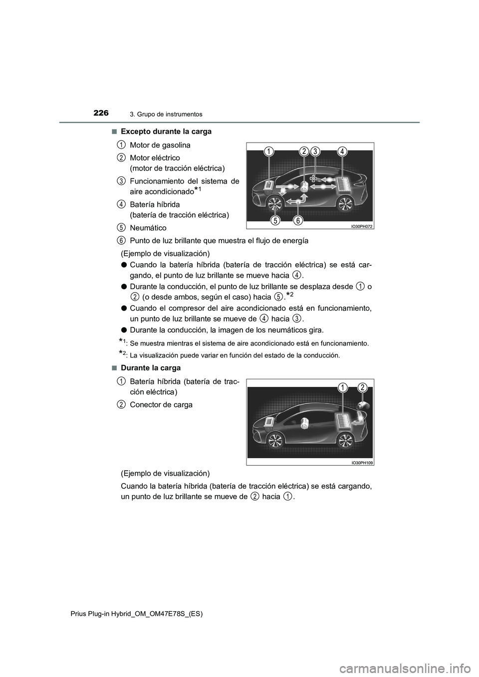 TOYOTA PRIUS PLUG-IN HYBRID 2022  Manual del propietario (in Spanish) 2263. Grupo de instrumentos
Prius Plug-in Hybrid_OM_OM47E78S_(ES)�Q
Excepto durante la carga
Motor de gasolina
Motor eléctrico 
(motor de tracción eléctrica)
Funcionamiento del sistema de
aire acon