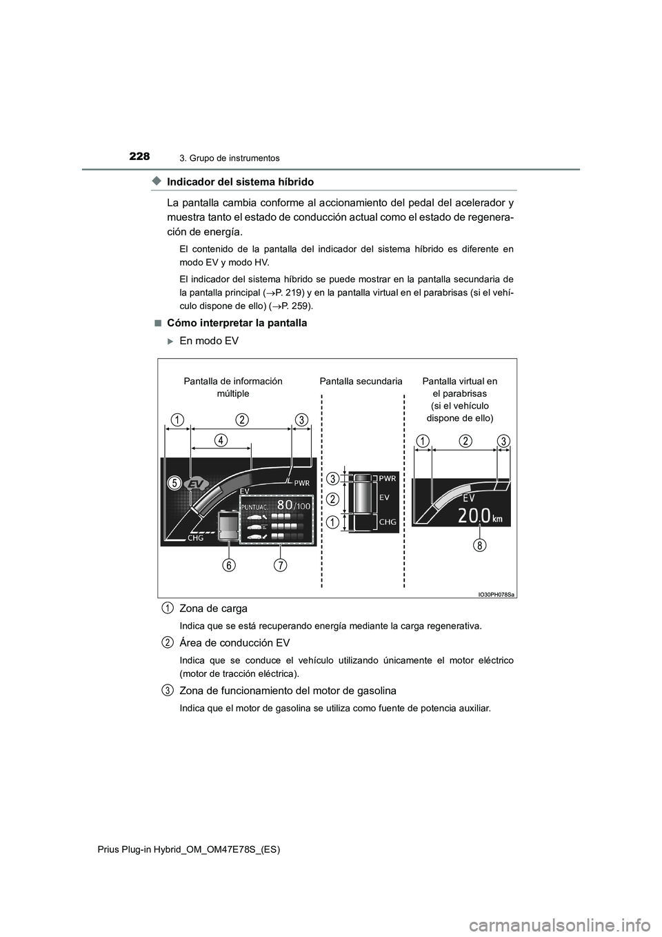 TOYOTA PRIUS PLUG-IN HYBRID 2022  Manual del propietario (in Spanish) 2283. Grupo de instrumentos
Prius Plug-in Hybrid_OM_OM47E78S_(ES)
�XIndicador del sistema híbrido
La pantalla cambia conforme al accionamiento del pedal del acelerador y
muestra tanto el estado de co
