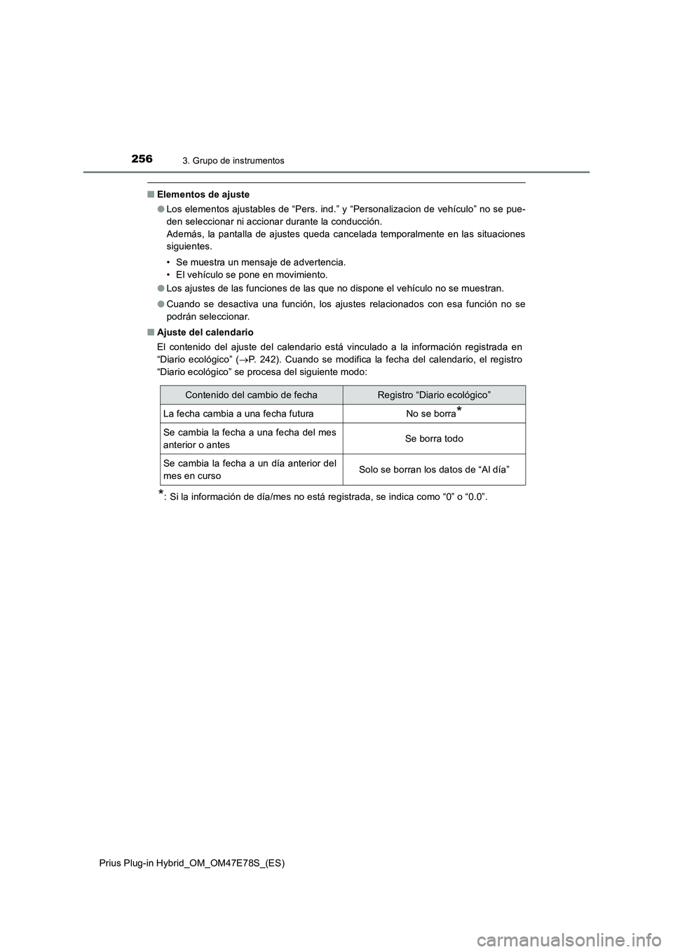 TOYOTA PRIUS PLUG-IN HYBRID 2022  Manual del propietario (in Spanish) 2563. Grupo de instrumentos
Prius Plug-in Hybrid_OM_OM47E78S_(ES)
�QElementos de ajuste
�OLos elementos ajustables de “Pers. ind.” y “Personalizacion de vehículo” no se pue-
den seleccionar n