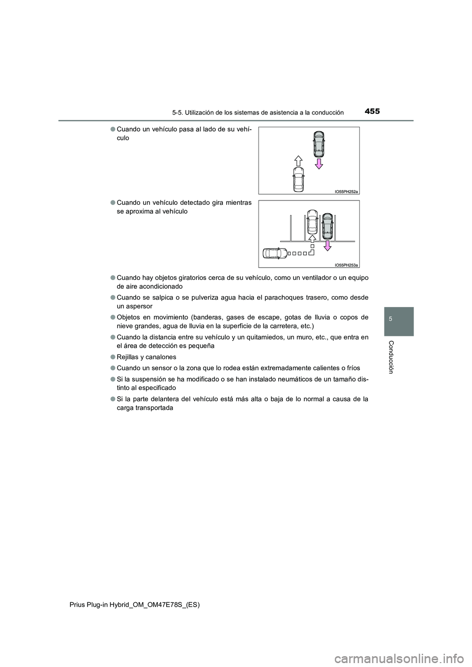 TOYOTA PRIUS PLUG-IN HYBRID 2022  Manual del propietario (in Spanish) 4555-5. Utilización de los sistemas de asistencia a la conducción
Prius Plug-in Hybrid_OM_OM47E78S_(ES)
5
Conducción
�OCuando hay objetos giratorios cerca de su vehículo, como un ventilador o un e