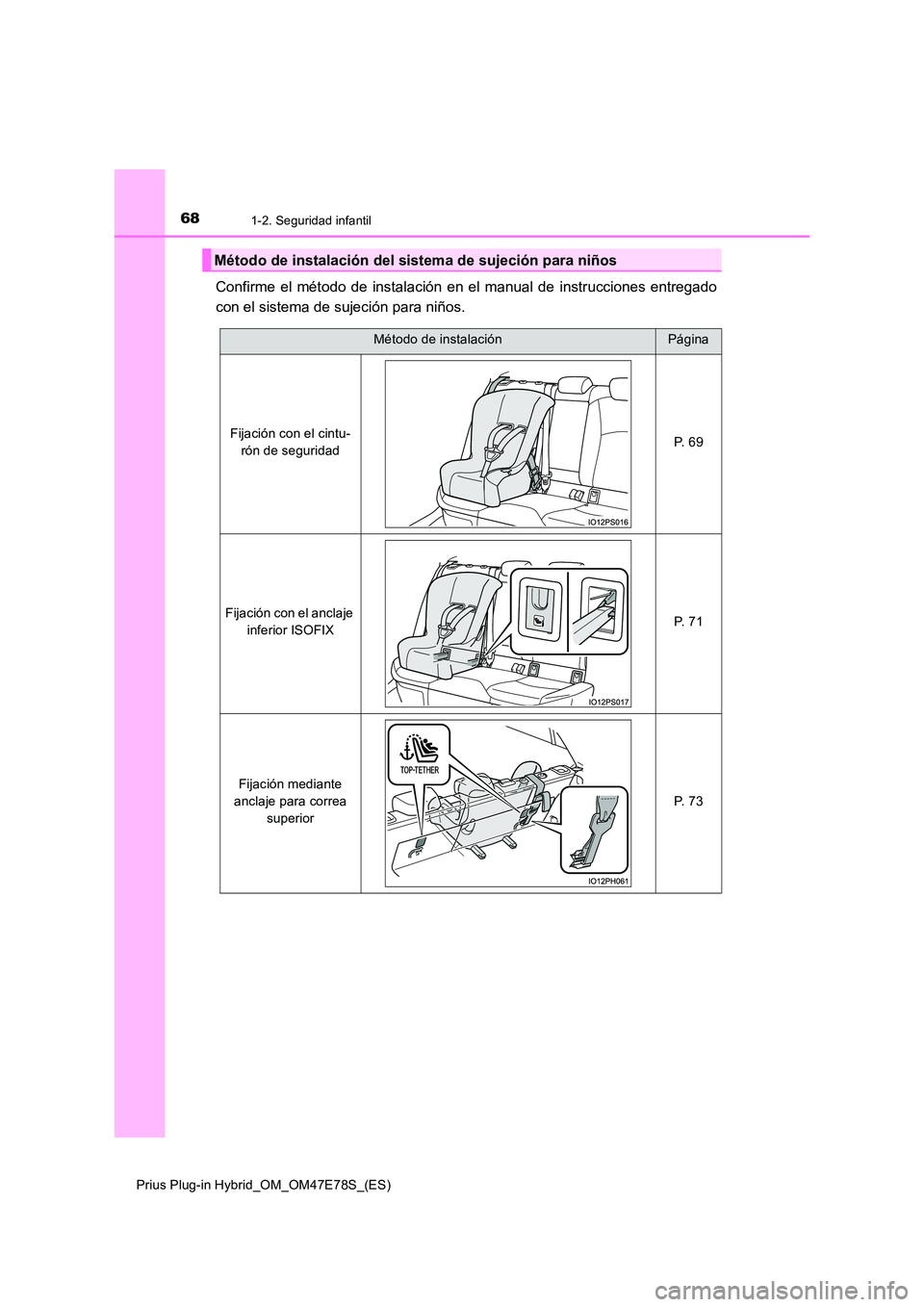 TOYOTA PRIUS PLUG-IN HYBRID 2022  Manual del propietario (in Spanish) 681-2. Seguridad infantil
Prius Plug-in Hybrid_OM_OM47E78S_(ES)
Confirme el método de instalación en el manual de instrucciones entregado 
con el sistema de sujeción para niños.
Método de instala