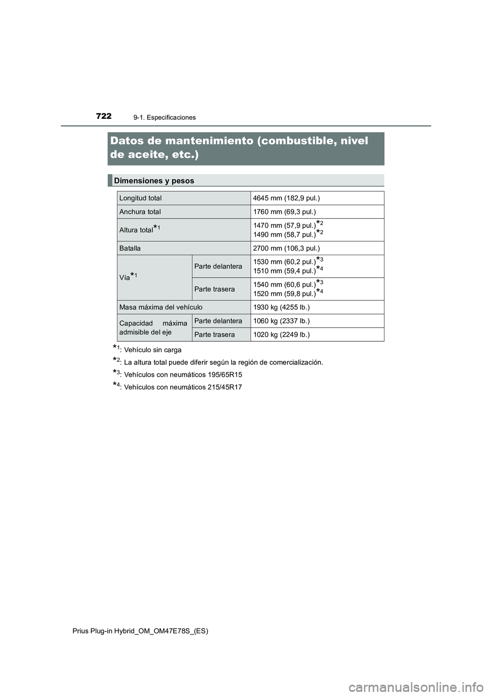 TOYOTA PRIUS PLUG-IN HYBRID 2022  Manual del propietario (in Spanish) 7229-1. Especificaciones
Prius Plug-in Hybrid_OM_OM47E78S_(ES)
Datos de mantenimiento (combustible, nivel 
de aceite, etc.)
*
1: Vehículo sin carga
*2: La altura total puede diferir según la región