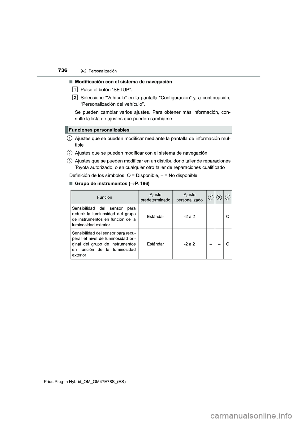 TOYOTA PRIUS PLUG-IN HYBRID 2022  Manual del propietario (in Spanish) 7369-2. Personalización
Prius Plug-in Hybrid_OM_OM47E78S_(ES)�Q
Modificación con el sistema de navegación
Pulse el botón “SETUP”.
Seleccione “Vehículo” en la pantalla “Configuración”