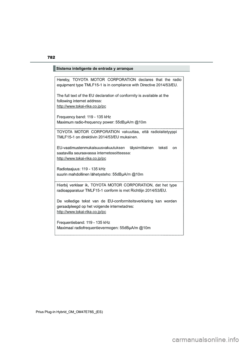 TOYOTA PRIUS PLUG-IN HYBRID 2022 Manual del propietario (in Spanish) 782
Prius Plug-in Hybrid_OM_OM47E78S_(ES)
Sistema inteligente de entrada y arranque TOYOTA PRIUS PLUG-IN HYBRID 2022 Manual del propietario (in Spanish) 782
Prius Plug-in Hybrid_OM_OM47E78S_(ES)
Sistema inteligente de entrada y arranque