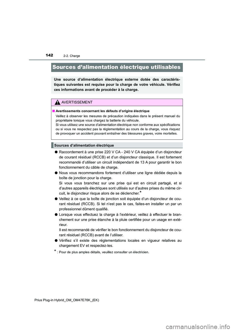 TOYOTA PRIUS PLUG-IN HYBRID 2022  Manuel du propriétaire (in French) 1422-2. Charge
Prius Plug-in Hybrid_OM_OM47E76K_(EK)
Sources d’alimentation électrique utilisables
�ORaccordement à une prise 220 V CA - 240 V CA équipée d’un disjoncteur 
de courant résiduel