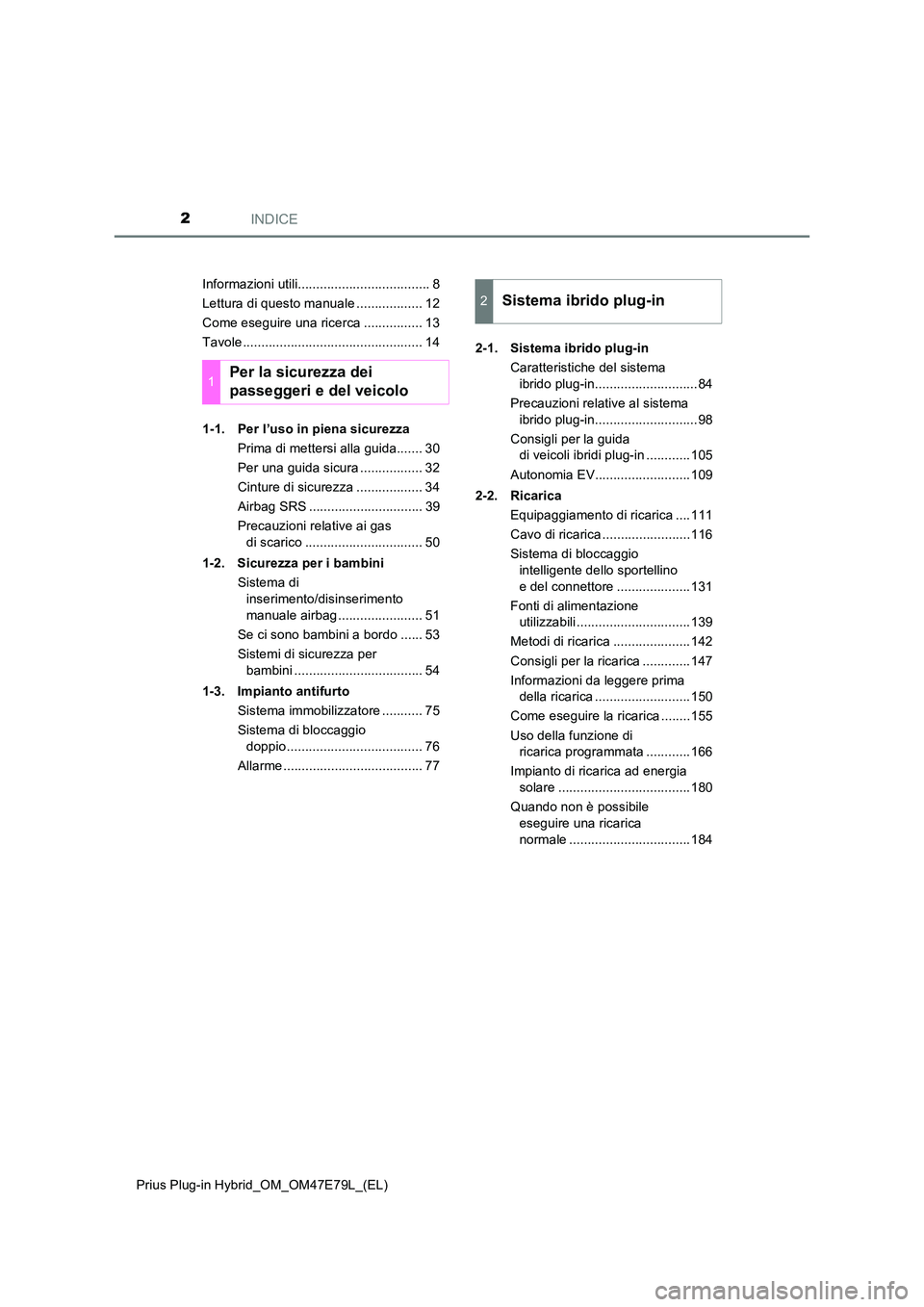 TOYOTA PRIUS PLUG-IN HYBRID 2022  Manuale duso (in Italian) INDICE2
Prius Plug-in Hybrid_OM_OM47E79L_(EL) 
Informazioni utili.................................... 8 
Lettura di questo manuale .................. 12
Come eseguire una ricerca ................ 13
T