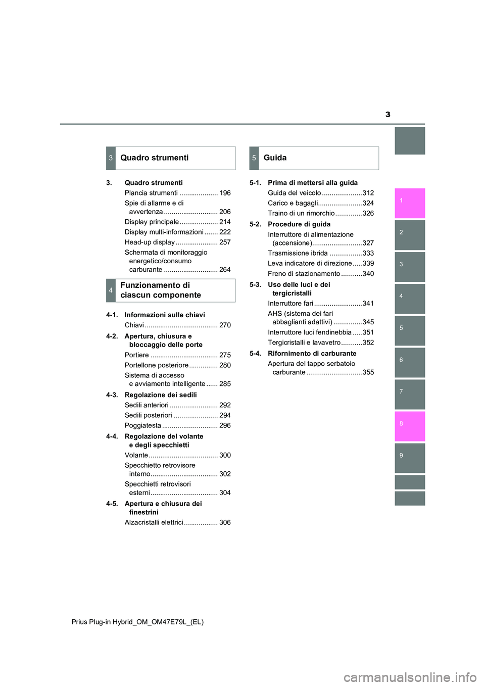 TOYOTA PRIUS PLUG-IN HYBRID 2022  Manuale duso (in Italian) 3
1 
9 
8
7
6
5
4 
2
Prius Plug-in Hybrid_OM_OM47E79L_(EL)
3
3. Quadro strumenti 
Plancia strumenti .................... 196 
Spie di allarme e di  
avvertenza ............................ 206 
Displa