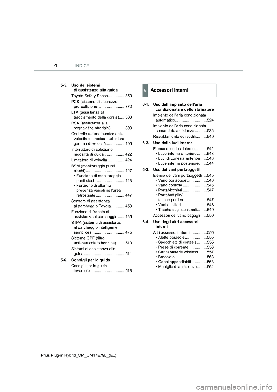 TOYOTA PRIUS PLUG-IN HYBRID 2022  Manuale duso (in Italian) INDICE4
Prius Plug-in Hybrid_OM_OM47E79L_(EL)5-5. Uso dei sistemi 
di assistenza alla guida
Toyota Safety Sense............... 359
PCS (sistema di sicurezza 
pre-collisione) ....................... 37