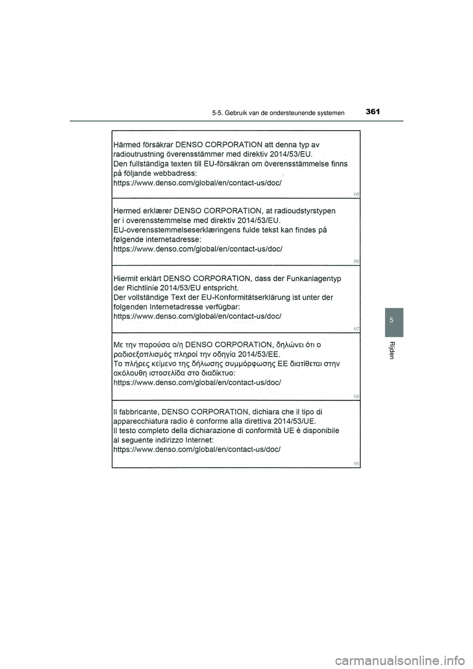 TOYOTA PRIUS PLUG-IN HYBRID 2022  Instructieboekje (in Dutch) 3615-5. Gebruik van de ondersteunende systemen
Prius Plug-in Hybrid_OM_OM47E75E_(EE)
5
Rijden
Prius Plug-in Hybrid_OM_OM47E75E_(EE).book  Page 361  Tuesday, May 11, 2021  9:32 AM 
