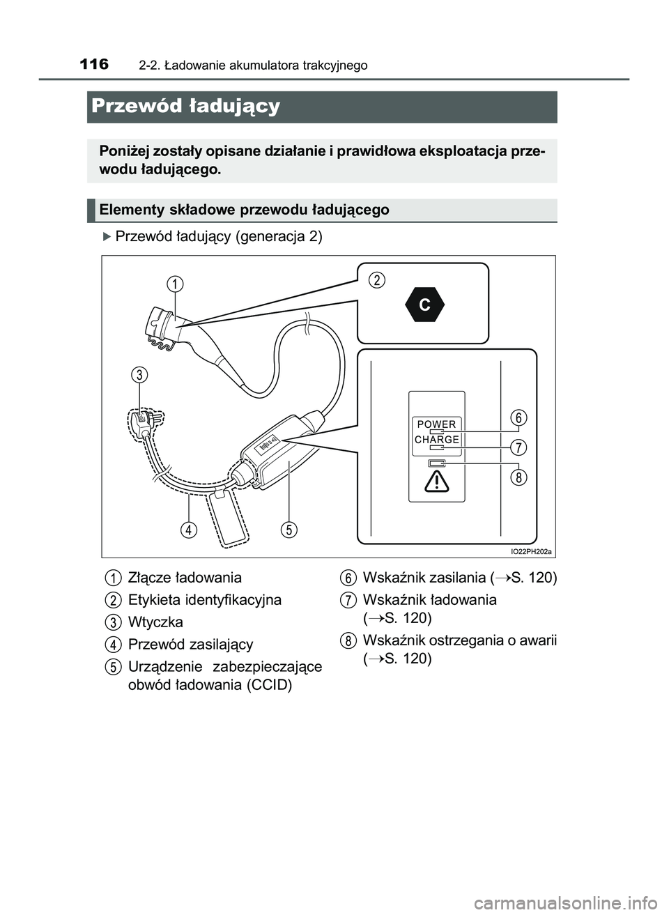 TOYOTA PRIUS PLUG-IN HYBRID 2022  Instrukcja obsługi (in Polish) ó Przewód ∏adujàcy (generacja 2)
1162-2. ¸adowanie akumulatora trakcyjnego
Przewód ∏adujàcy
Poni˝ej zosta∏y opisane dzia∏anie i prawid∏owa eksploatacja prze-
wodu ∏adujàcego.
Eleme