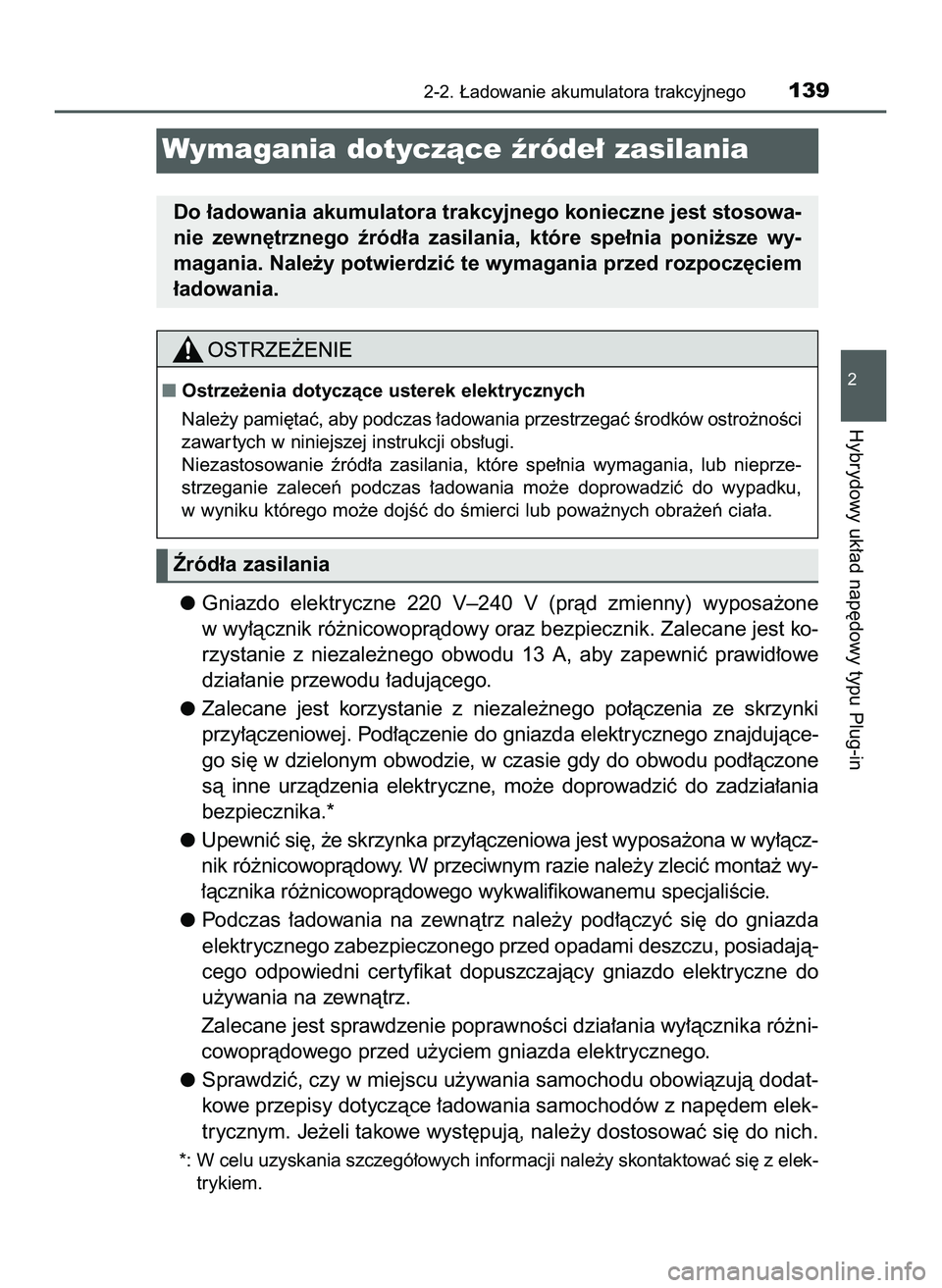 TOYOTA PRIUS PLUG-IN HYBRID 2022  Instrukcja obsługi (in Polish) Gniazdo  elektryczne  220  V–240  V (pràd  zmienny)  wyposa˝one
w wy∏àcznik ró˝nicowopràdowy oraz bezpiecznik. Zalecane jest ko-
rzystanie  z niezale˝nego  obwodu  13  A,  aby  zapewniç  p