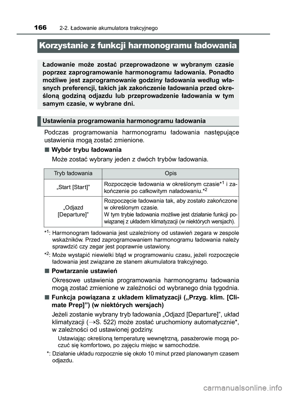 TOYOTA PRIUS PLUG-IN HYBRID 2022  Instrukcja obsługi (in Polish) Podczas  programowania  harmonogramu  ∏adowania  nast´pujàce
ustawienia mogà zostaç zmienione.
Wybór trybu ∏adowania
Mo˝e zostaç wybrany jeden z dwóch trybów ∏adowania.
*1: Harmonogram 