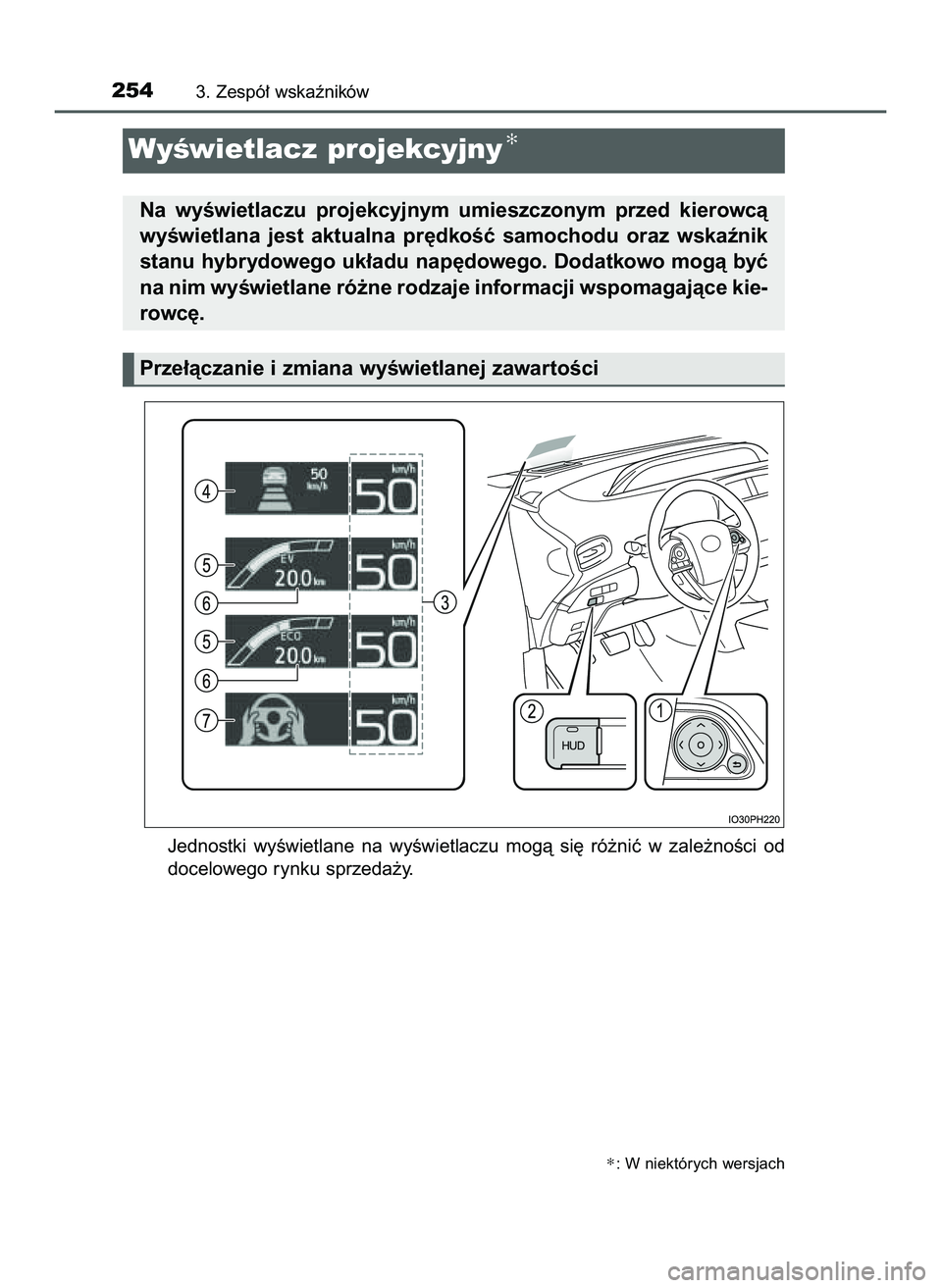 TOYOTA PRIUS PLUG-IN HYBRID 2022  Instrukcja obsługi (in Polish) Jednostki  wyÊwietlane  na  wyÊwietlaczu  mogà  si´  ró˝niç  w zale˝noÊci  od
docelowego rynku sprzeda˝y.
2543. Zespó∏ wskaêników
WyÊwietlacz projekcyjny✻
Na  wyÊwietlaczu  projekcy