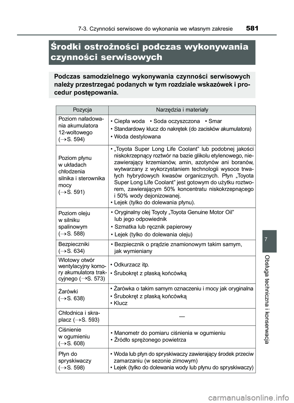 TOYOTA PRIUS PLUG-IN HYBRID 2022  Instrukcja obsługi (in Polish) 7-3. CzynnoÊci serwisowe do wykonania we w∏asnym zakresie581
7
Obs∏uga techniczna i konserwacja
Ârodki ostro˝noÊci podczas wykonywania
czynnoÊci serwisowych
Podczas  samodzielnego  wykonywani