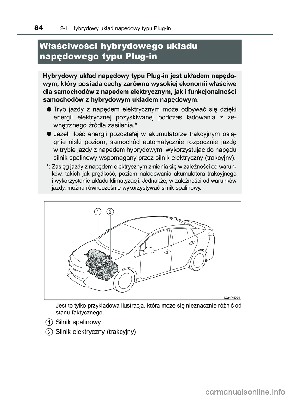 TOYOTA PRIUS PLUG-IN HYBRID 2022  Instrukcja obsługi (in Polish) Jest to tylko przyk∏adowa ilustracja, która mo˝e si´ nieznacznie ró˝niç od
stanu faktycznego.
Silnik spalinowy
Silnik elektryczny (trakcyjny)
842-1. Hybrydowy uk∏ad nap´dowy typu Plug-in
W