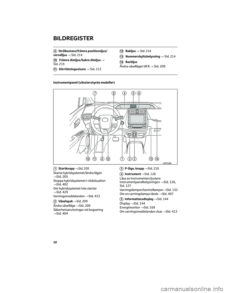 TOYOTA PRIUS PLUG-IN HYBRID 2022 Bruksanvisningar (in Swedish) 9Strålkastare/främre positionsljus/
varselljus→Sid. 214
10Främre dimljus/bakre dimljus→
Sid. 219
11Körriktningsvisare→Sid. 213
12Bakljus→Sid. 214
13Nummerskyltsbelysning→Sid. 214
14Backl TOYOTA PRIUS PLUG-IN HYBRID 2022 Bruksanvisningar (in Swedish) 9Strålkastare/främre positionsljus/
varselljus→Sid. 214
10Främre dimljus/bakre dimljus→
Sid. 219
11Körriktningsvisare→Sid. 213
12Bakljus→Sid. 214
13Nummerskyltsbelysning→Sid. 214
14Backl