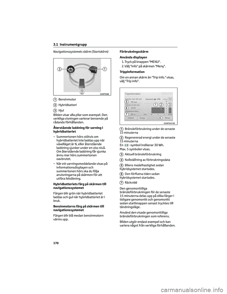 TOYOTA PRIUS PLUG-IN HYBRID 2022 Bruksanvisningar (in Swedish) Navigationssystemets skärm (Startskärm)
1Bensinmotor
2Hybridbatteri
3Hjul
Bilden visar alla pilar som exempel. Den
verkliga visningen varierar beroende på
rådande förhållanden.
Återstående lad TOYOTA PRIUS PLUG-IN HYBRID 2022 Bruksanvisningar (in Swedish) Navigationssystemets skärm (Startskärm)
1Bensinmotor
2Hybridbatteri
3Hjul
Bilden visar alla pilar som exempel. Den
verkliga visningen varierar beroende på
rådande förhållanden.
Återstående lad