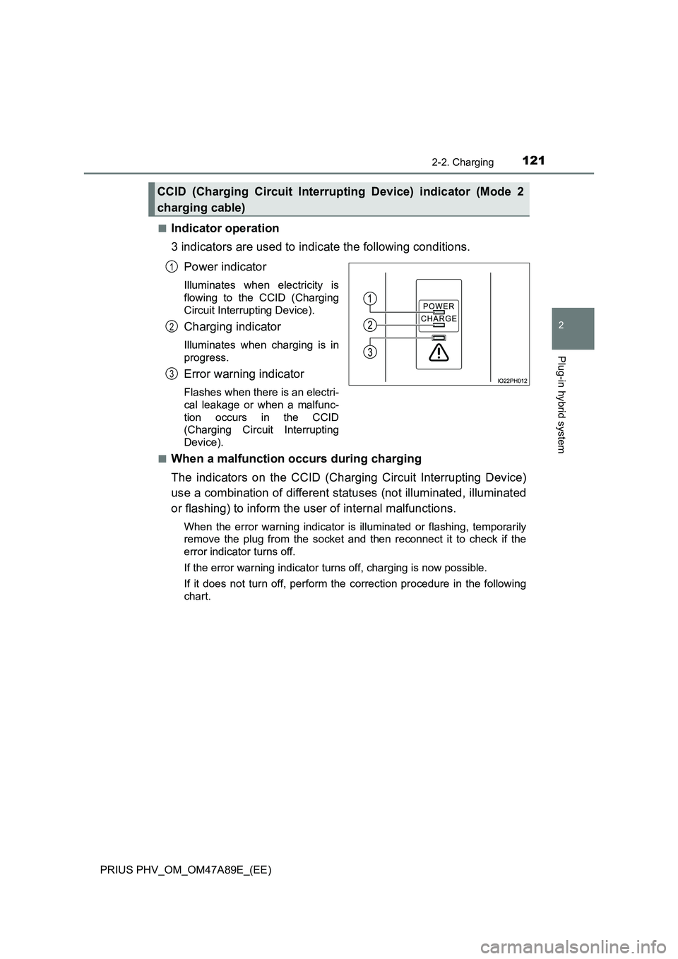 TOYOTA PRIUS PLUG-IN HYBRID 2016 Owners Manual 1212-2. Charging
2
Plug-in hybrid system
PRIUS PHV_OM_OM47A89E_(EE)■
Indicator operation
3 indicators are used to indicate the following conditions.
Power indicator
Illuminates when electricity is
f TOYOTA PRIUS PLUG-IN HYBRID 2016 Owners Manual 1212-2. Charging
2
Plug-in hybrid system
PRIUS PHV_OM_OM47A89E_(EE)■
Indicator operation
3 indicators are used to indicate the following conditions.
Power indicator
Illuminates when electricity is
f