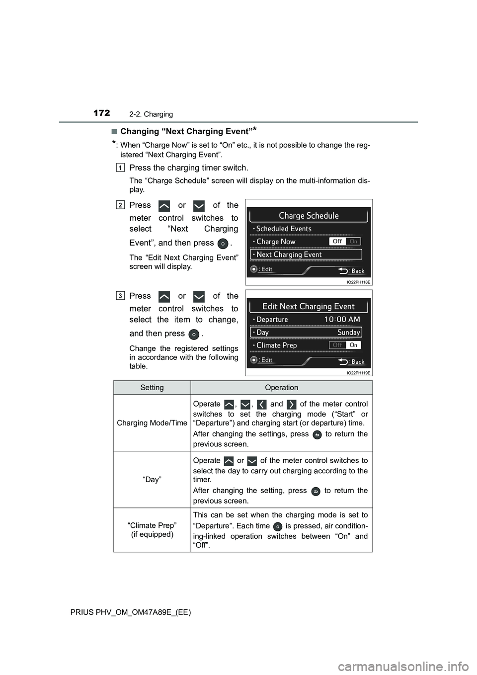 TOYOTA PRIUS PLUG-IN HYBRID 2016 Owners Manual 1722-2. Charging
PRIUS PHV_OM_OM47A89E_(EE)■
Changing “Next Charging Event”*
*
: When “Charge Now” is set to “On” etc., it is not possible to change the reg-
istered “Next Charging Eve TOYOTA PRIUS PLUG-IN HYBRID 2016 Owners Manual 1722-2. Charging
PRIUS PHV_OM_OM47A89E_(EE)■
Changing “Next Charging Event”*
*
: When “Charge Now” is set to “On” etc., it is not possible to change the reg-
istered “Next Charging Eve