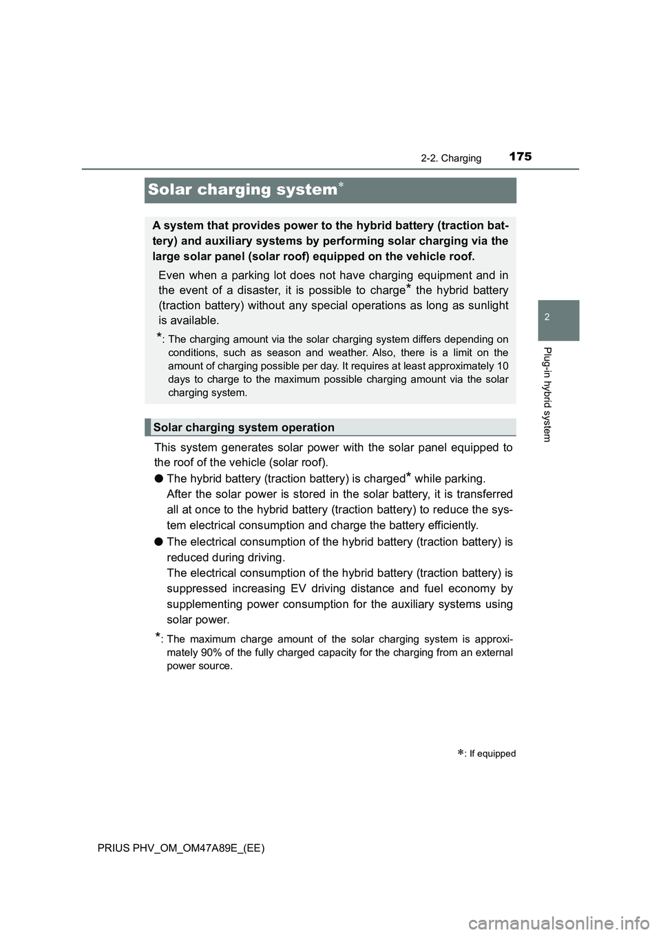 TOYOTA PRIUS PLUG-IN HYBRID 2016 Owners Manual 175
2
2-2. Charging
Plug-in hybrid system
PRIUS PHV_OM_OM47A89E_(EE)
Solar charging system
This system generates solar power with the solar panel equipped to
the roof of the vehicle (solar roof).
TOYOTA PRIUS PLUG-IN HYBRID 2016 Owners Manual 175
2
2-2. Charging
Plug-in hybrid system
PRIUS PHV_OM_OM47A89E_(EE)
Solar charging system
This system generates solar power with the solar panel equipped to
the roof of the vehicle (solar roof).