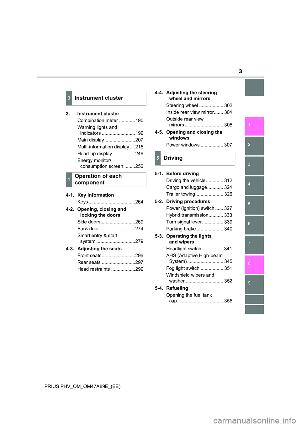 TOYOTA PRIUS PLUG-IN HYBRID 2017 Owners Manual 3
1
9
8
7
6
5
4
2
PRIUS PHV_OM_OM47A89E_(EE)
3
3. Instrument cluster
Combination meter ............190
Warning lights and
indicators .........................199
Main display ................. TOYOTA PRIUS PLUG-IN HYBRID 2017 Owners Manual 3
1
9
8
7
6
5
4
2
PRIUS PHV_OM_OM47A89E_(EE)
3
3. Instrument cluster
Combination meter ............190
Warning lights and
indicators .........................199
Main display .................