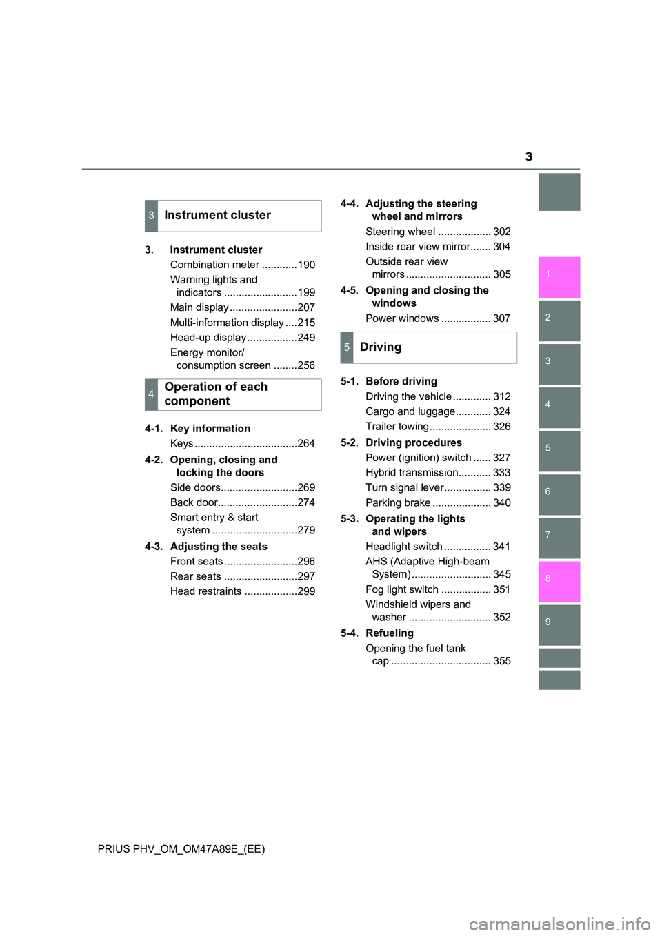 TOYOTA PRIUS PLUG-IN HYBRID 2017  Owners Manual 3
1 
9 
8
7
6
5
4 
2
PRIUS PHV_OM_OM47A89E_(EE)
3
3. Instrument cluster 
Combination meter ............190 
Warning lights and  
indicators .........................199 
Main display .................