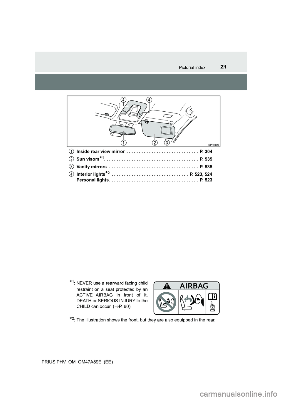 TOYOTA PRIUS PLUG-IN HYBRID 2016 Owners Manual 21Pictorial index
PRIUS PHV_OM_OM47A89E_(EE)
Inside rear view mirror . . . . . . . . . . . . . . . . . . . . . . . . . . . . . P. 304
Sun visors*1. . . . . . . . . . . . . . . . . . . . . . . . . TOYOTA PRIUS PLUG-IN HYBRID 2016 Owners Manual 21Pictorial index
PRIUS PHV_OM_OM47A89E_(EE)
Inside rear view mirror . . . . . . . . . . . . . . . . . . . . . . . . . . . . . P. 304
Sun visors*1. . . . . . . . . . . . . . . . . . . . . . . . .